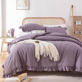 Comfort Essence - Comforter Set Queen 3pcs1 Ruffled And 2 Pillowcases Vintage Shabby Chic Bedding Soft Fluffy All Season - Grayishpurple-Queen