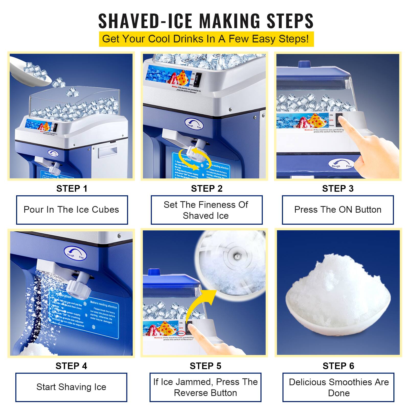 Sure, here is the corrected and grouped text from the image:

---

**SHAVED-ICE MAKING STEPS**

Get Your Cool Drinks In A Few Easy Steps!

**STEP 1**  
Pour In The Ice Cubes

**STEP 2**  
Set The Fineness Of Shaved Ice

**STEP 3**  
Press The ON Button

**STEP 4**  
Start Shaving Ice

**STEP 5**  
If Ice Jammed, Press The Reverse Button

**STEP 6**  
Delicious Smoothies Are Done

---