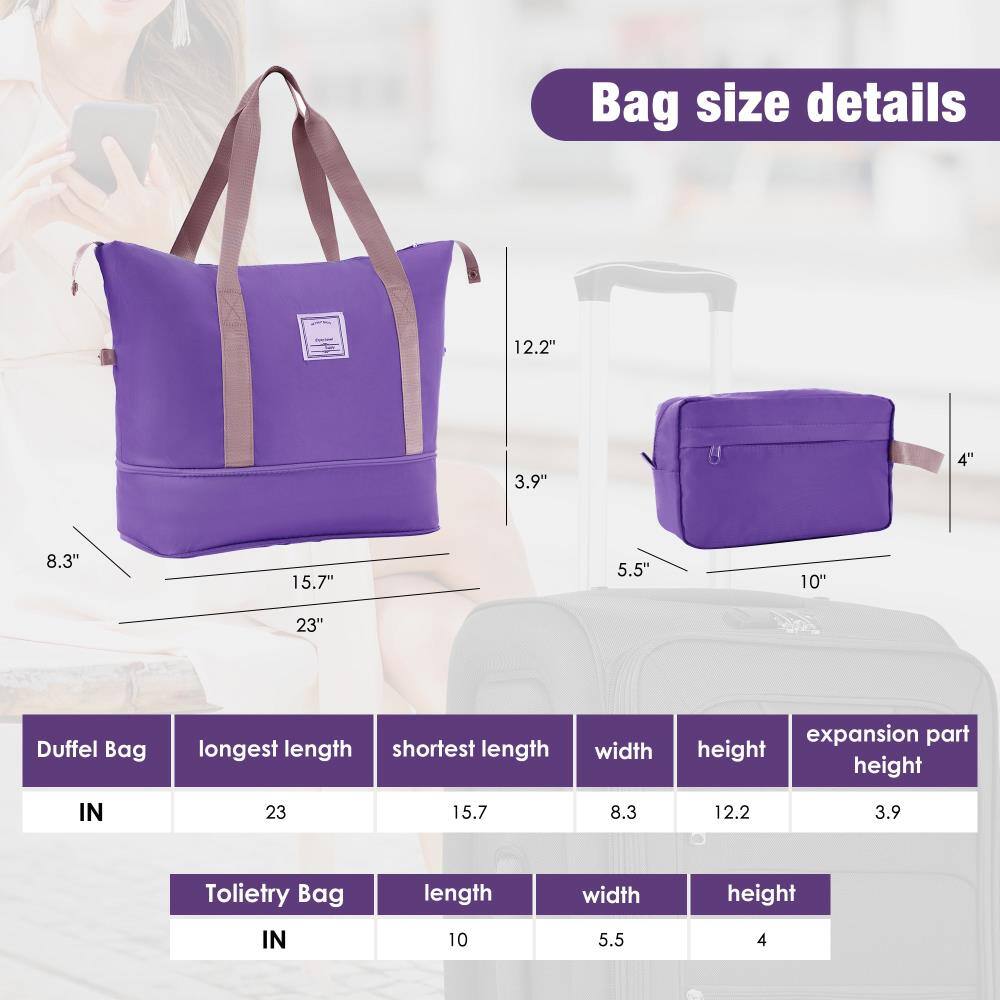 Bag size details

Duffel Bag
- Longest length: 23"
- Shortest length: 15.7"
- Width: 8.3"
- Height: 12.2"
- Expansion part height: 3.9"

Toiletry Bag
- Length: 10"
- Width: 5.5"
- Height: 4"
