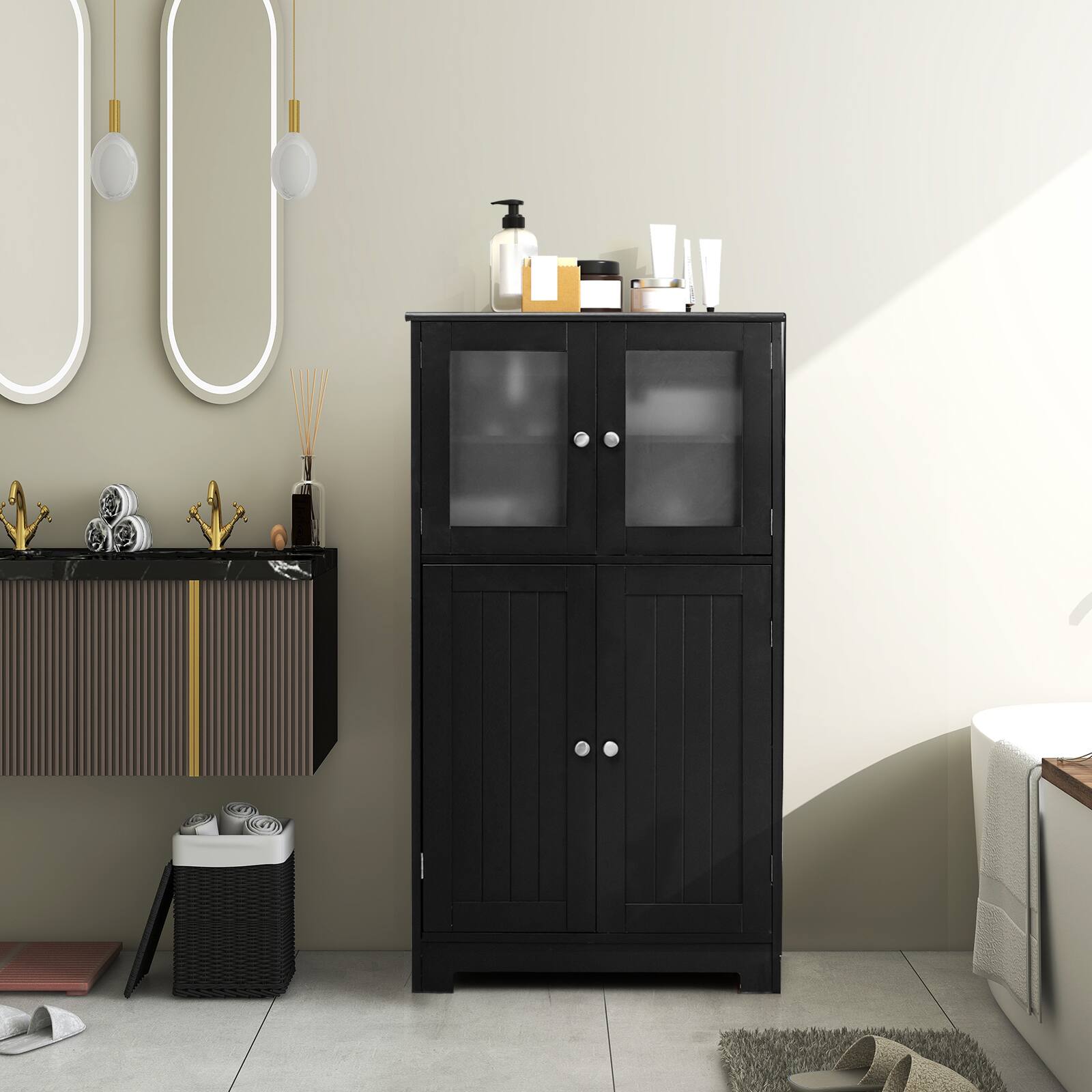 Alt View 9. Costway - Costway Bathroom Floor Storage Cabinet Kitchen Cupboard w/Doors&Adjustable Shelf - Black.