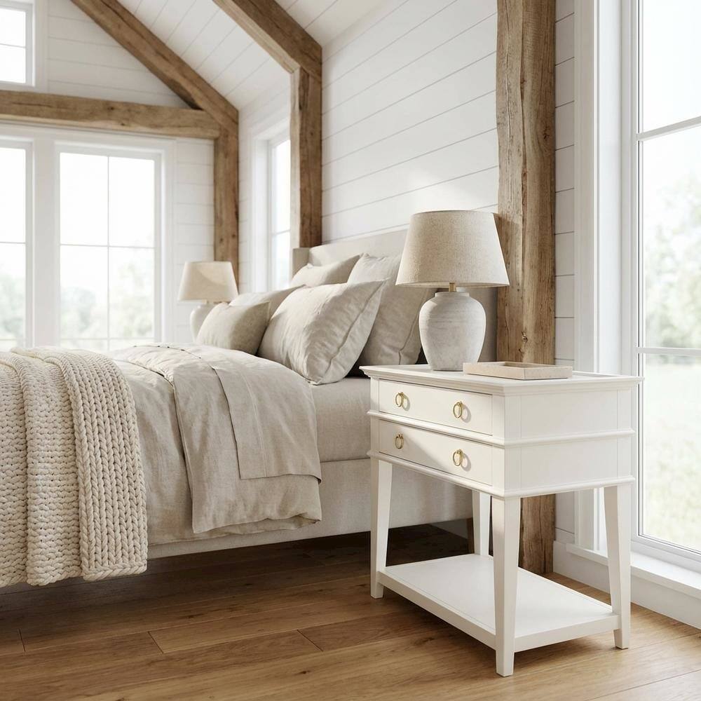 Angle. FurniFact - White Wooden Nightstand with 2 Drawers and Tray Top for Bedroom Decor - White.