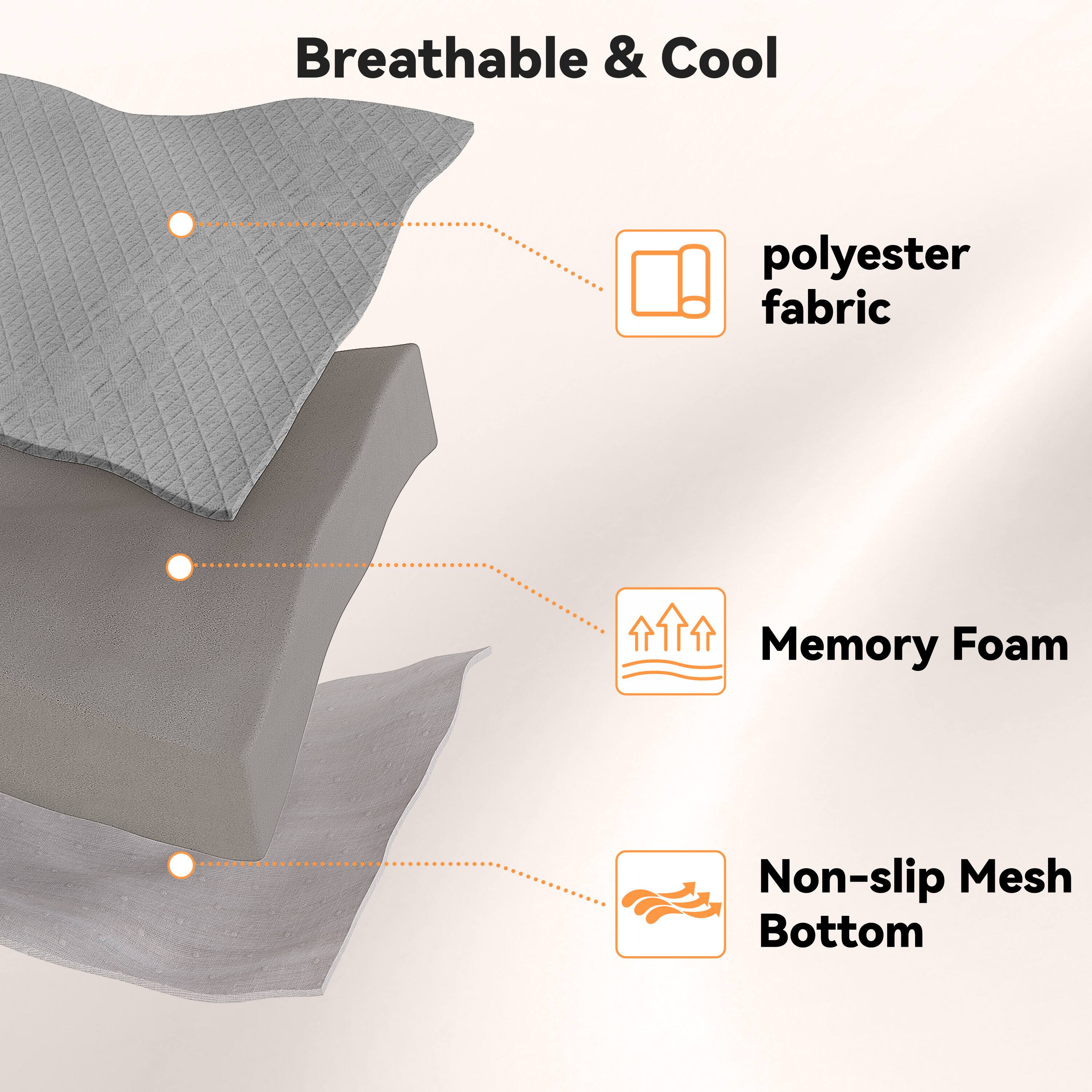 Breathable & Cool  
- polyester fabric  
- Memory Foam  
- Non-slip Mesh Bottom