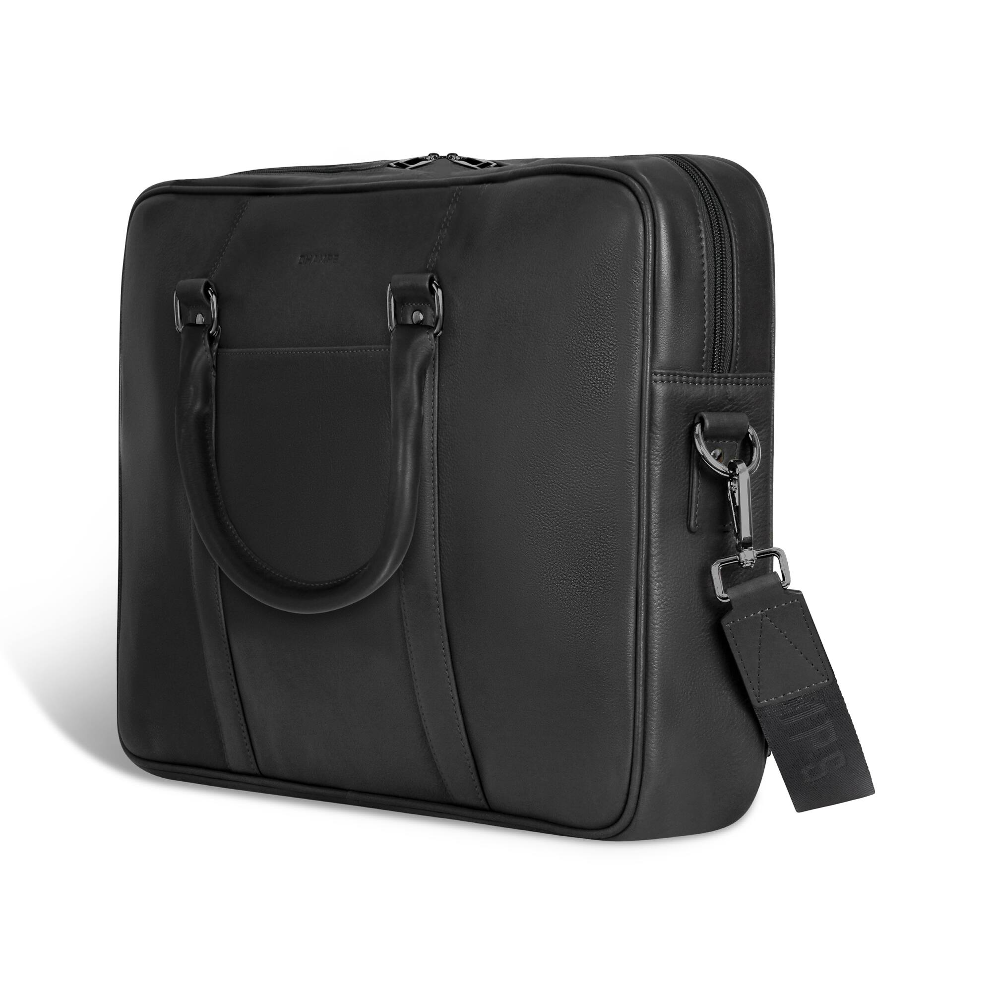 Angle. Champs - Onyx Leather Slim Laptop Briefcase - Black.