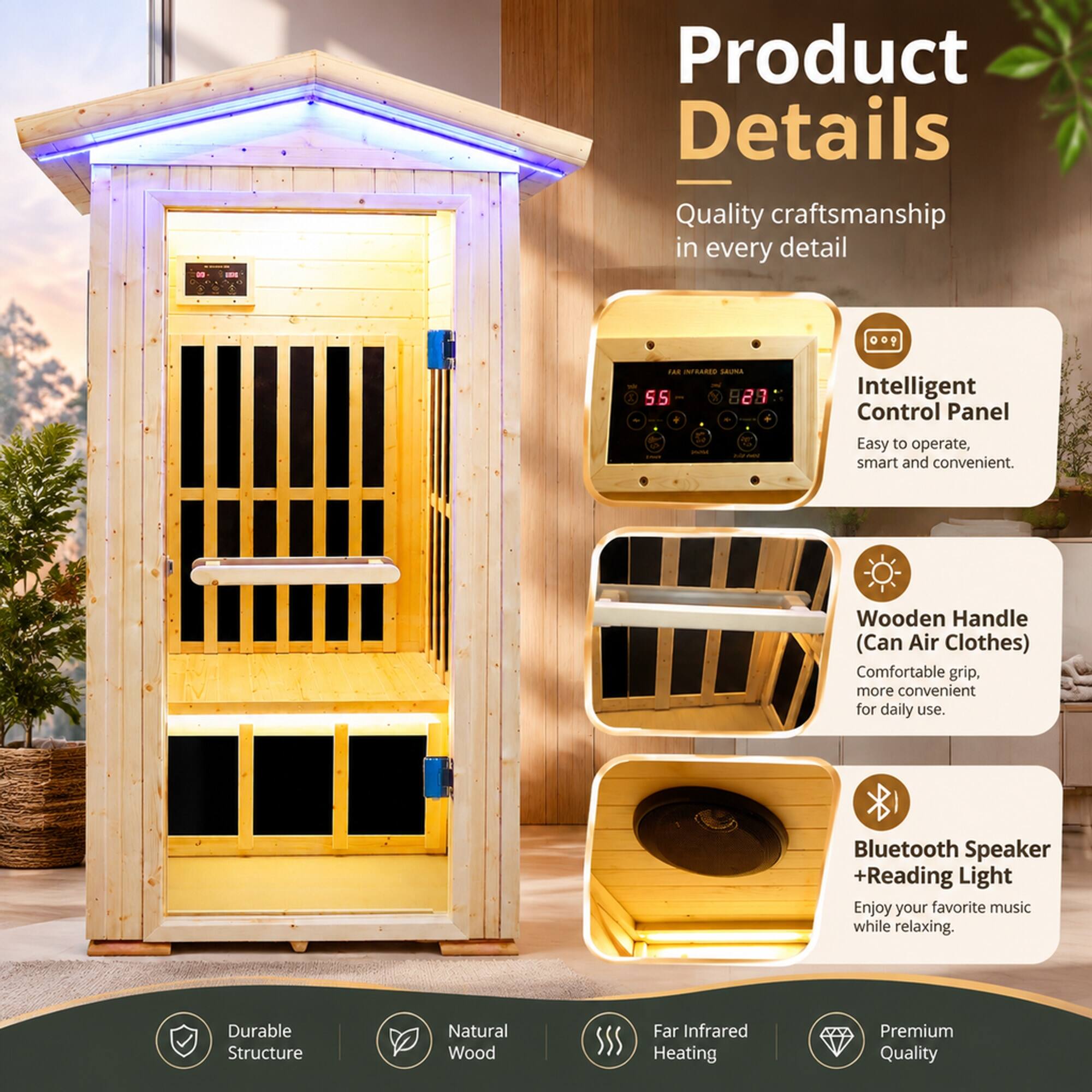 Product Details  
Quality craftsmanship in every detail

- Intelligent Control Panel  
  Easy to operate, smart and convenient.

- Wooden Handle (Can Air Clothes)  
  Comfortable grip, more convenient for daily use.

- Bluetooth Speaker + Reading Light  
  Enjoy your favorite music while relaxing.

- Durable Structure  
- Natural Wood  
- Far Infrared Heating  
- Premium Quality