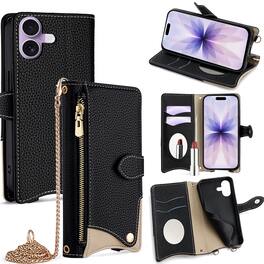 Dteck - Crossbody Wallet Case for Apple iPhone 17, Elegant Zipper PU Leather Folio Stand Protective Cover, Built-in Mini Mirror - Black