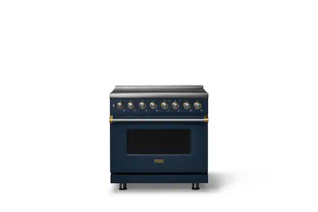Front. Viking - 36 in. Wide 6 Elements Pro 5 Series 5.6 Cu.Ft. Freestanding Induction Convection Range with Brushed Brass Trim - Slate Blue.