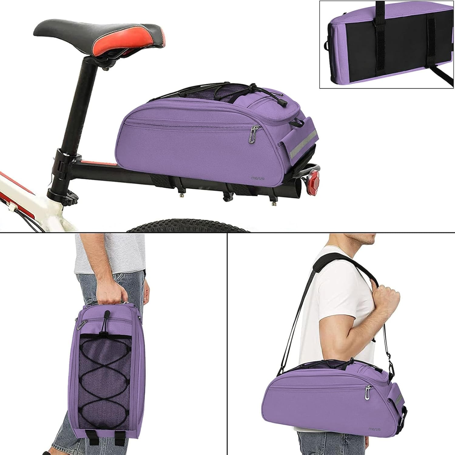 Back. mosiso - Bike Rack Bag Waterproof Bicycle Trunk Pannier  Cycling Bike Carrier Backseat Storage Luggage Saddle Shoulder Bag - Purple.