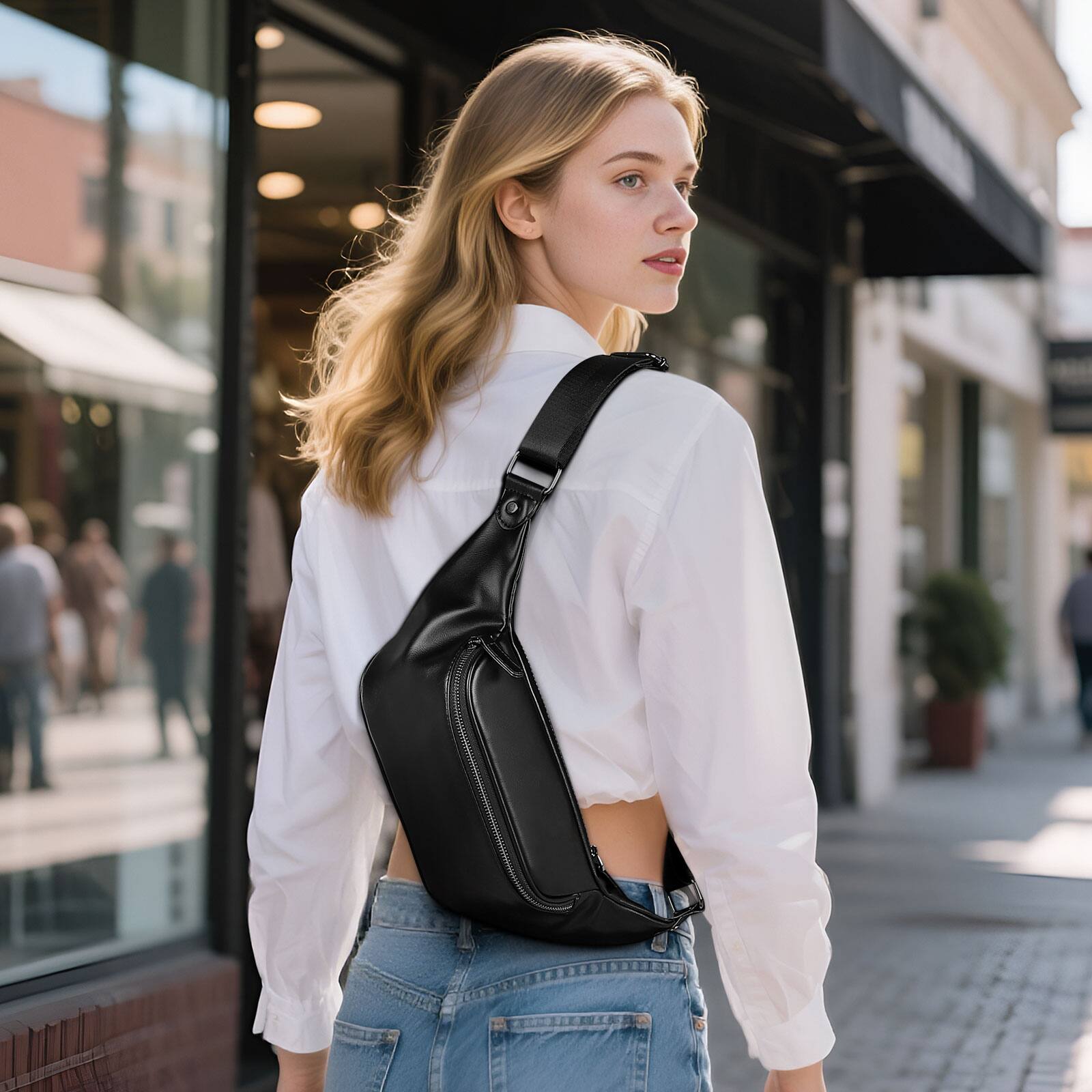 Alt View 1. Unique Bargains - Soft Faux Leather Fanny Pack Crossbody Waist Pack with Adjustable Strap Large Pocket Sturdy Zippers for Travel Hiking - Standard Black.