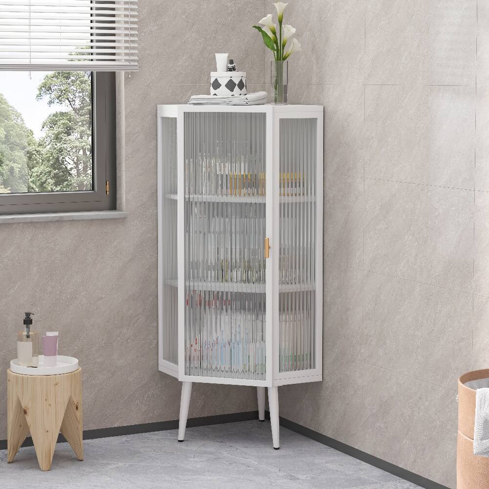 Angle. Loheer - Loheer White Floor Corner Cabinet, Freestanding Metal Storage with Tempered Glass Doors for Bathroom - White.
