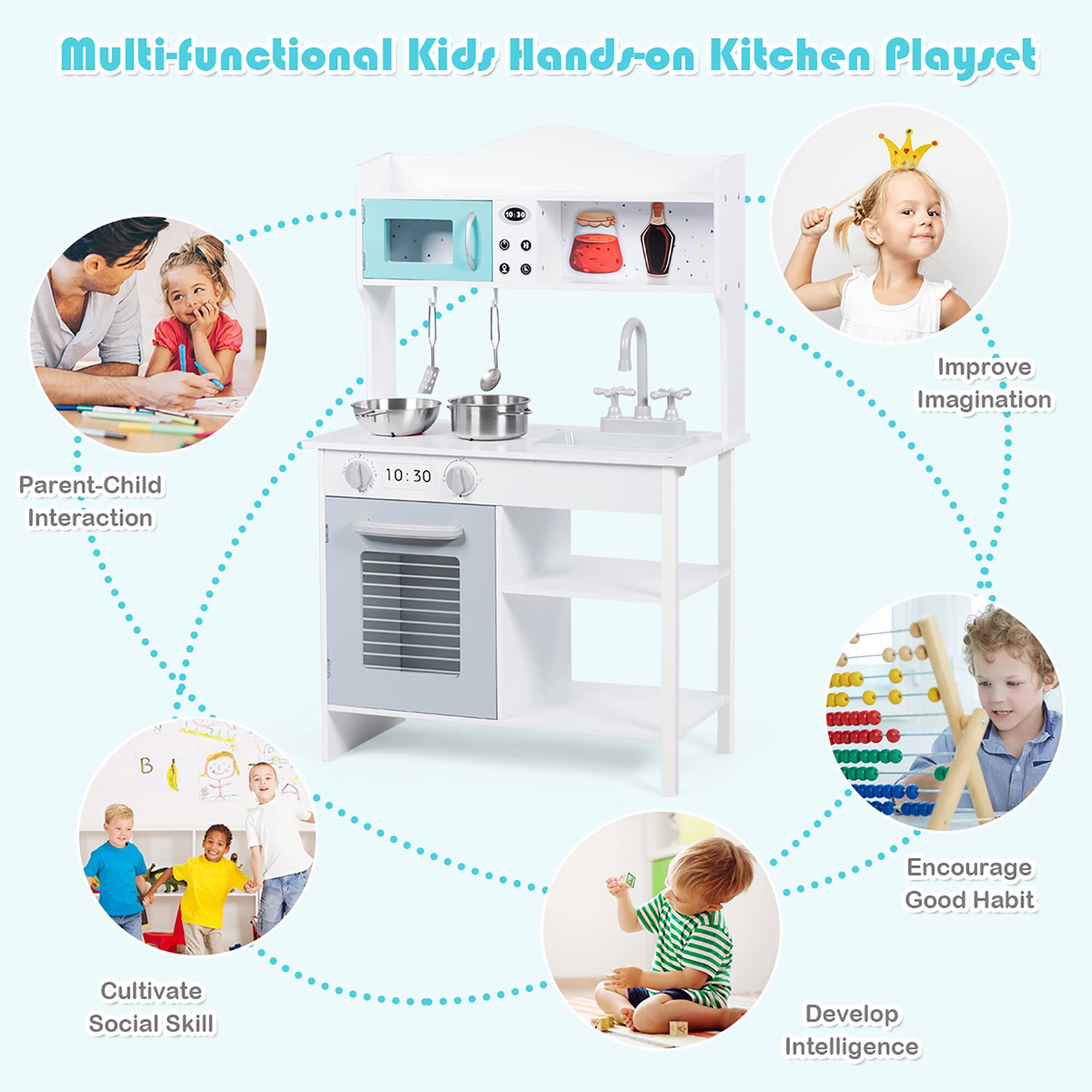 Multi-functional Kids Hands-on Kitchen Playset

- Improve Imagination
- Parent-Child Interaction
- Cultivate Social Skill
- Encourage Good Habit
- Develop Intelligence