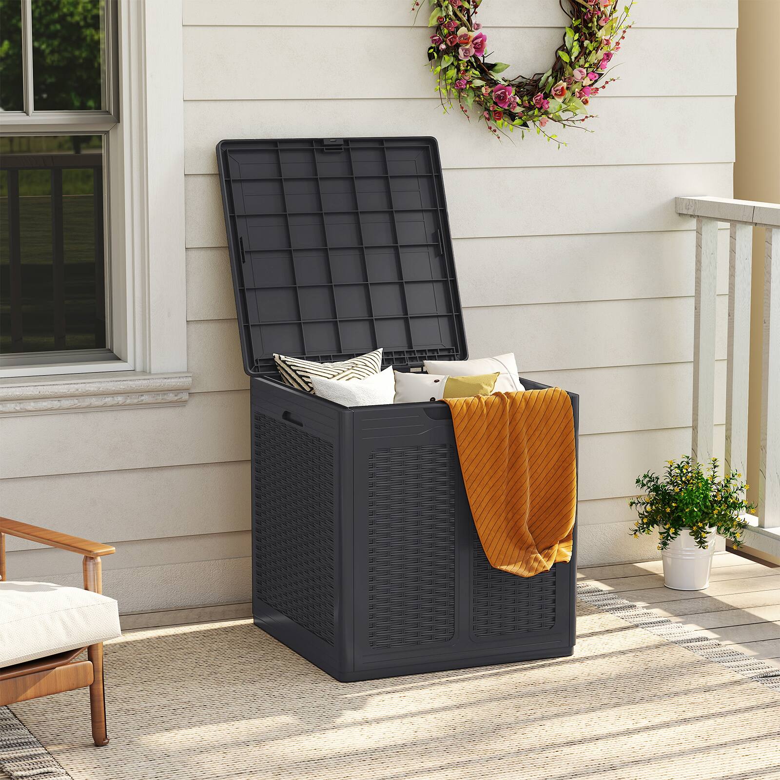 Alt View 1. Costway - Costway 39 Gallon Outdoor Storage Box with Rattan Patterns & Lockable Lid for Garden Tools - Brown.