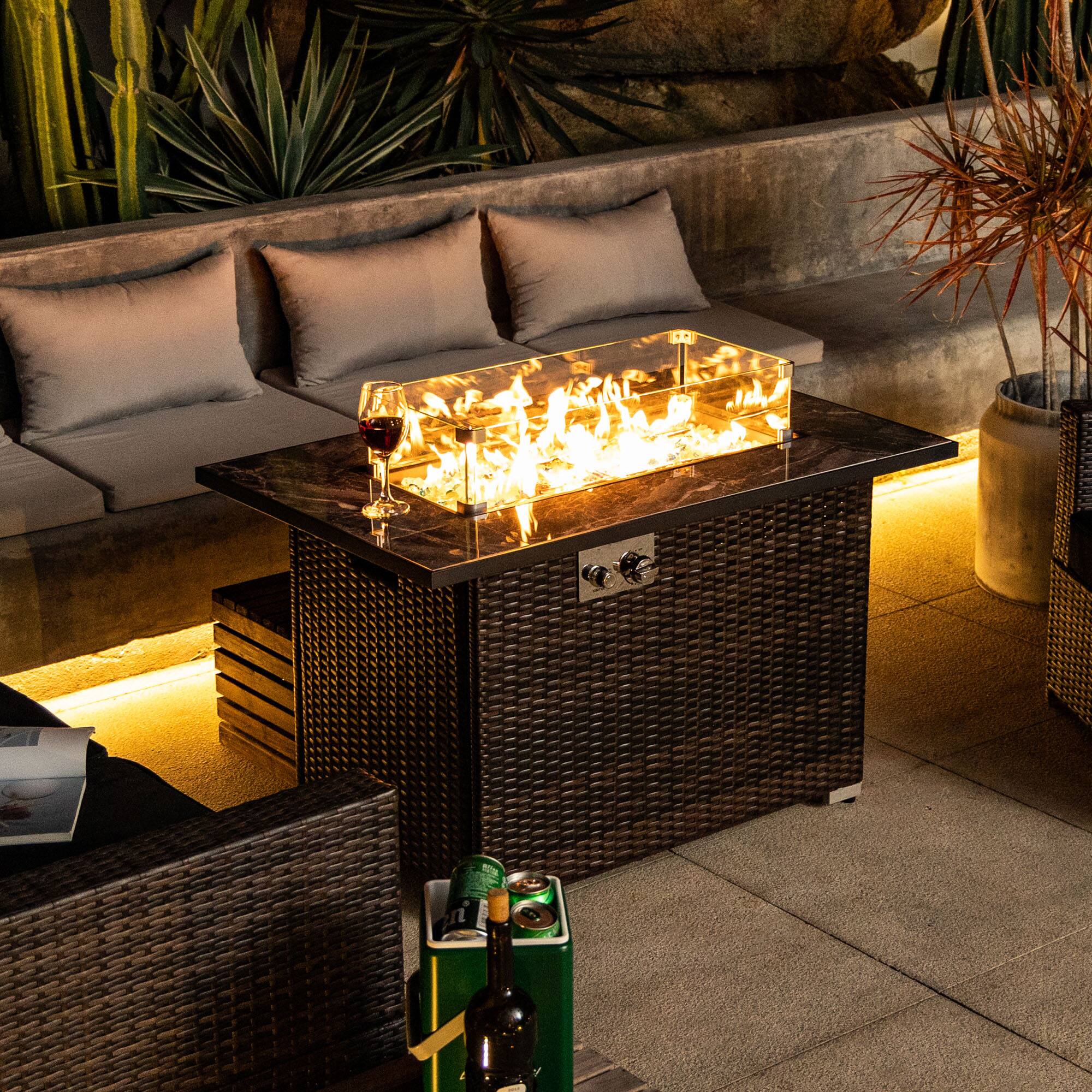 Aukfa - 44" Propane Gas Fire Pit Table - 50000 BTU Rectangular with Tile Top & Wicker Base for Patio