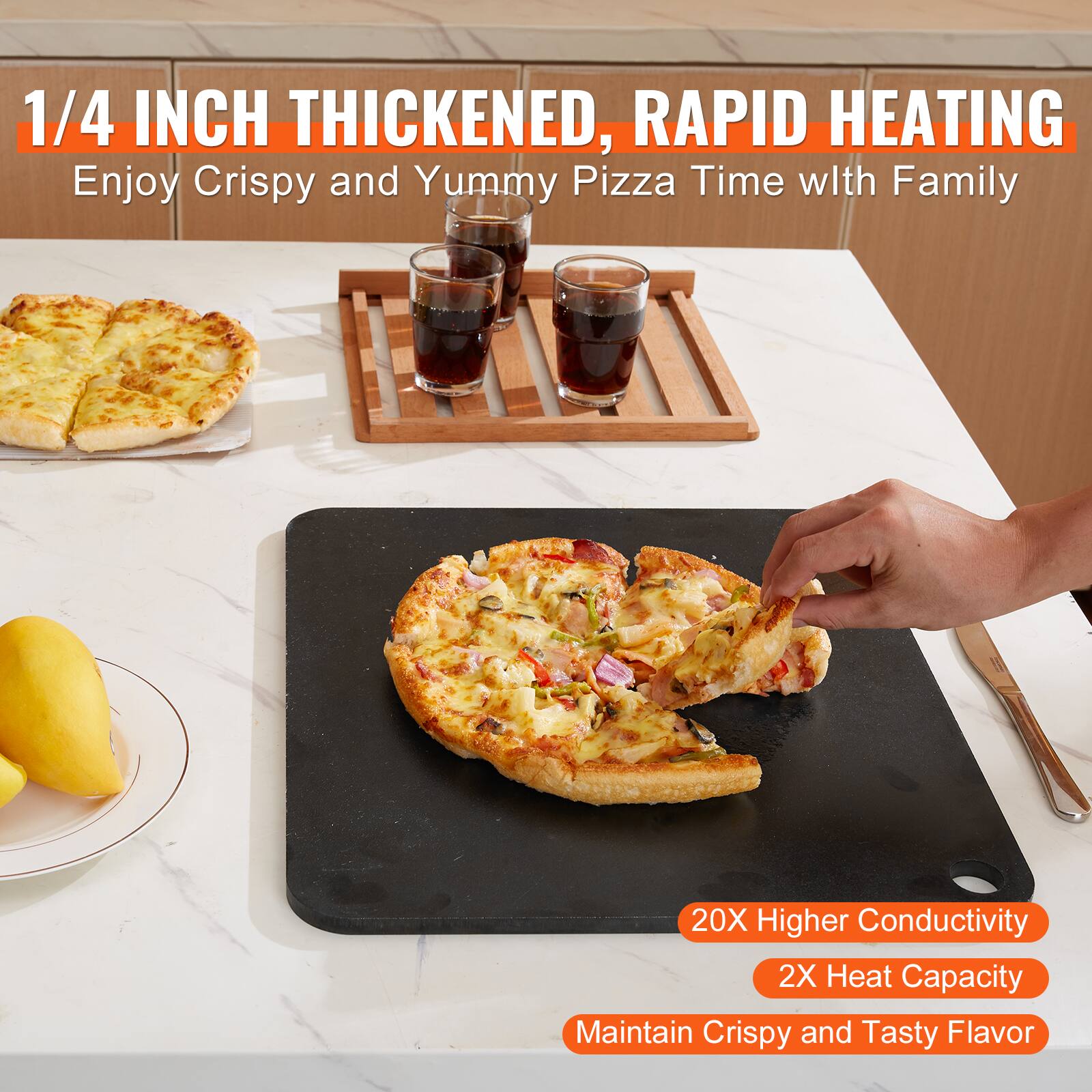 1/4 INCH THICKENED, RAPID HEATING  
Enjoy Crispy and Yummy Pizza Time with Family  

20X Higher Conductivity  
2X Heat Capacity  
Maintain Crispy and Tasty Flavor