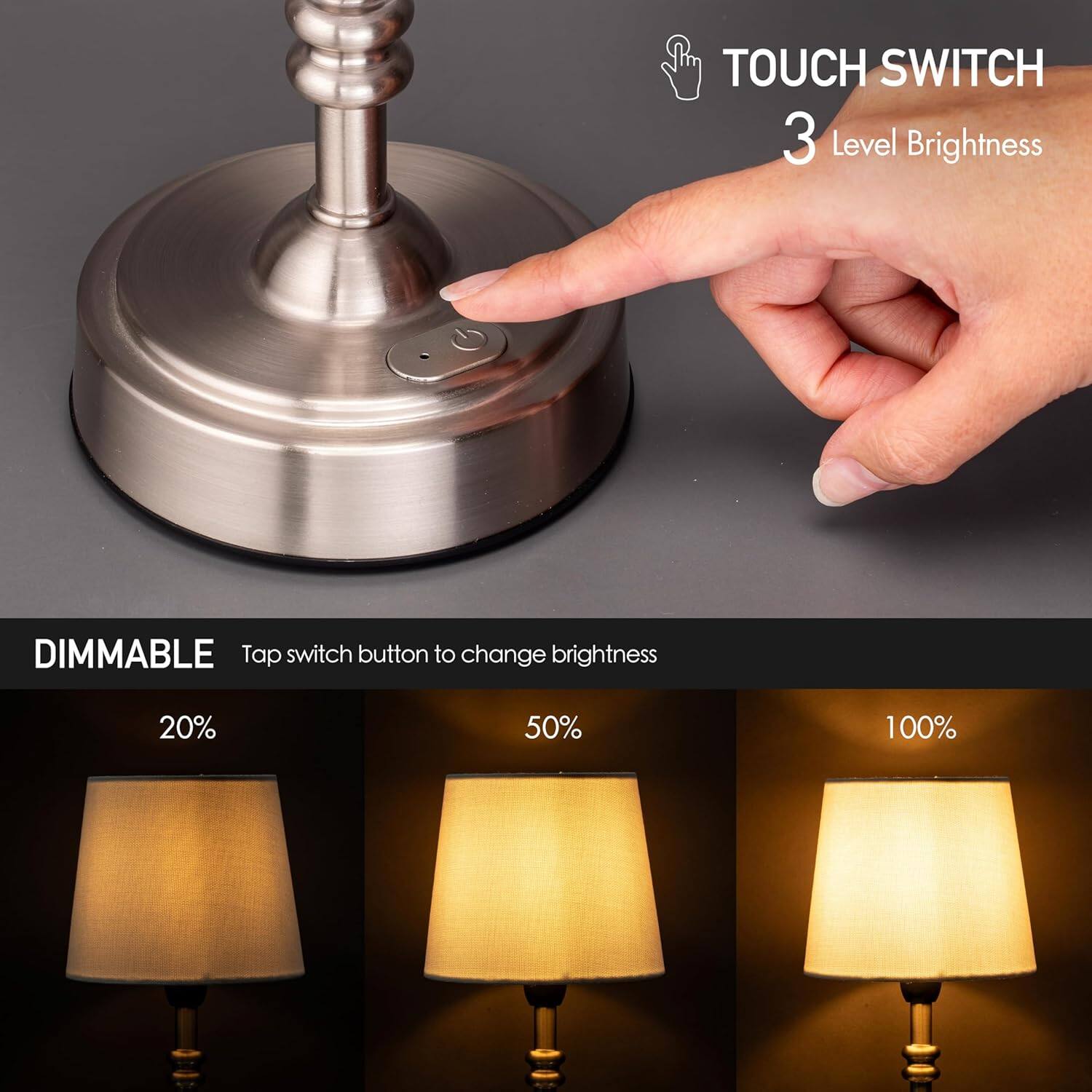 TOUCH SWITCH  
3 Level Brightness  

DIMMABLE  
Tap switch button to change brightness  

20%  
50%  
100%