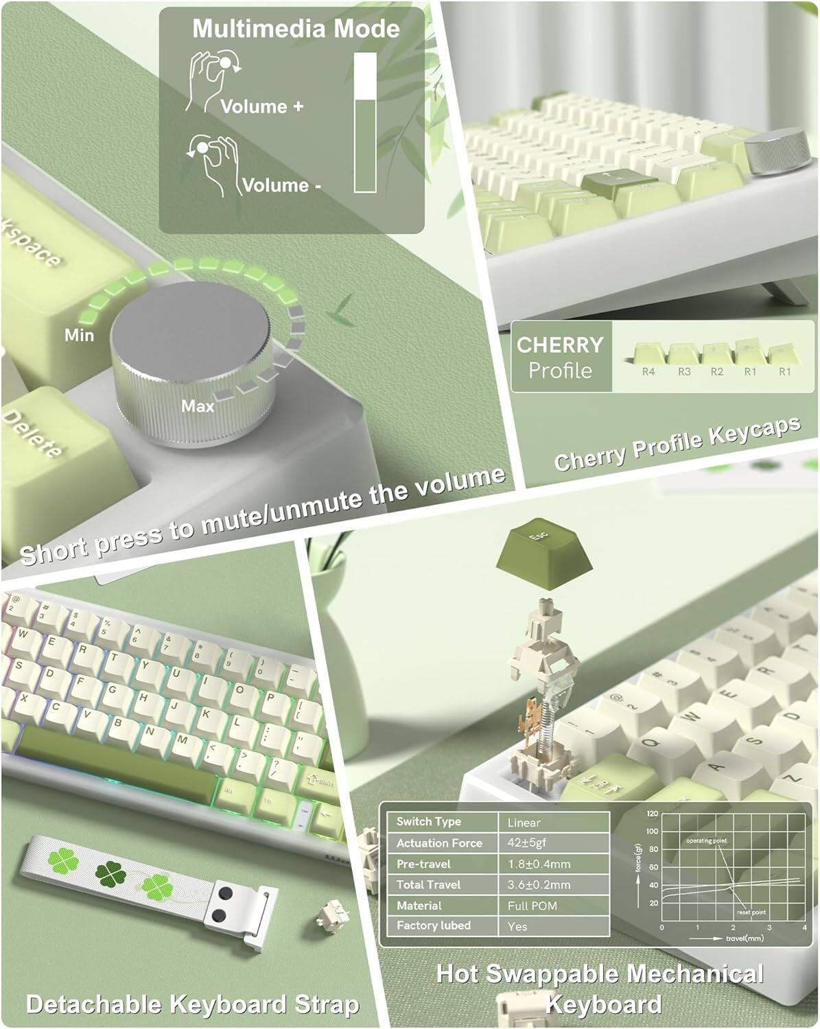 Multimedia Mode  
Volume +  
Volume -  

Cherry Profile  
R4 R3 R2 R1 R1  

Cherry Profile Keycaps  

Short press to mute/unmute the volume  

Switch Type: Linear  
Actuation Force: 42±5gf  
Pre-travel: 1.8±0.4mm  
Total Travel: 3.6±0.2mm  
Material: Full POM  
Factory lubed: Yes  

Detachable Keyboard Strap  

Hot Swappable Mechanical Keyboard