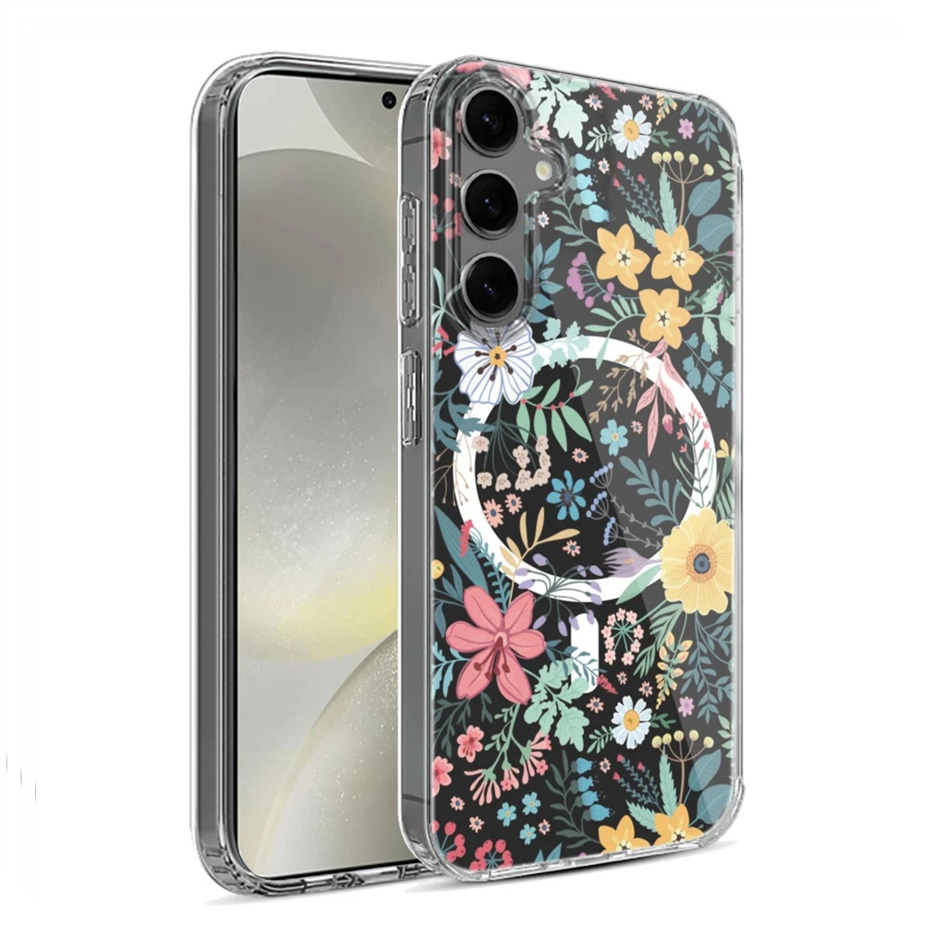 Angle. Kitcheniva - Clear Floral Magnetic Circle Hybrid Phone Case With Tempered Glass For Samsung S25 Plus S24 Plus Wild Flower - Yellow.