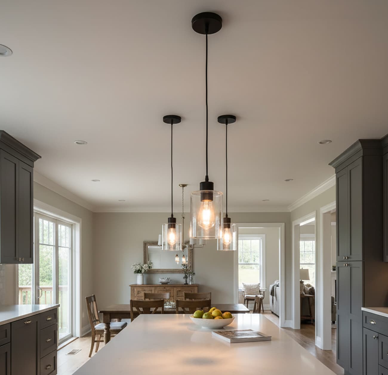 Alt View 2. FINEAK - Modern Black Farmhouse Clear Glass Cylinder Pendant Lights - 3 Pack, 4.75" Shade, 2×58" Cord - Black.