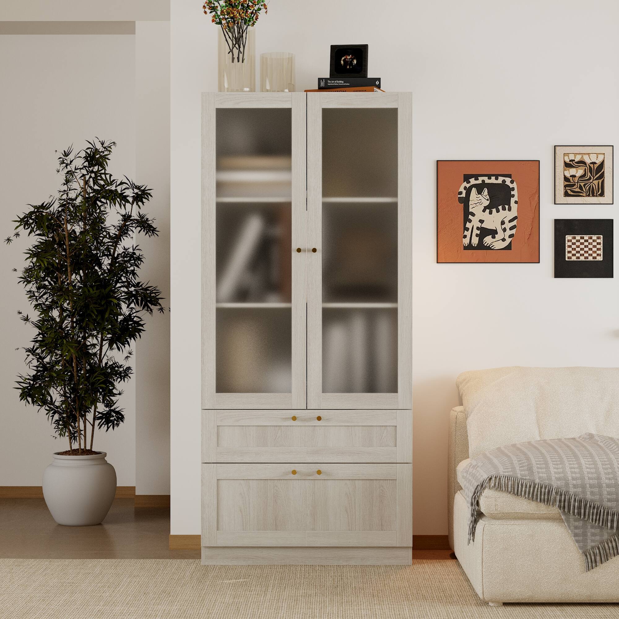 Front. Famapy - Frosted Tempered Glass Bookcase with Adjustable Shelves and Drawers Modern Storage Cabinet for Living Room - Light Gray.