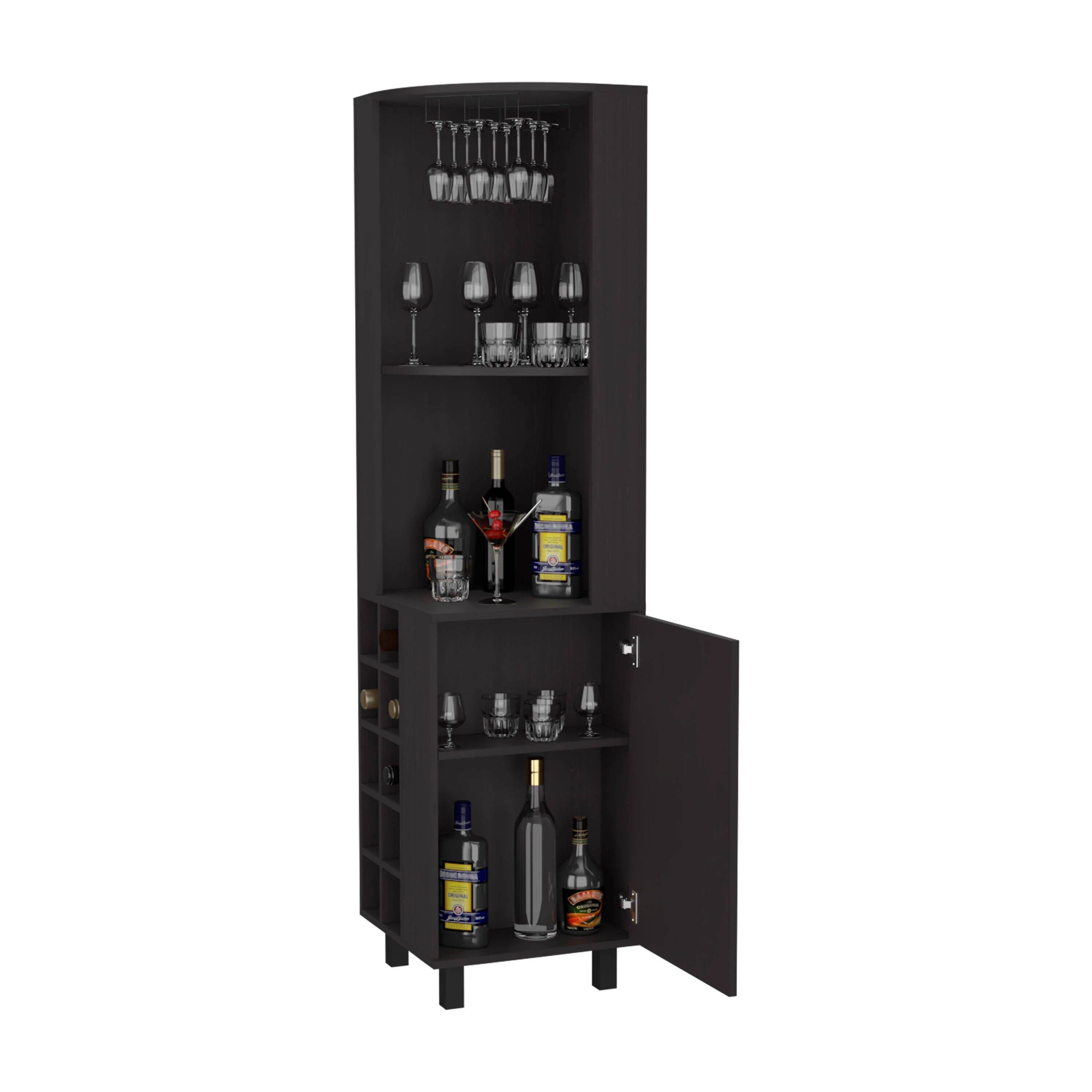 Alt View 1. TinyHomie - Wengue Corner Bar Cabinet with Glass Holder and Wine Rack.