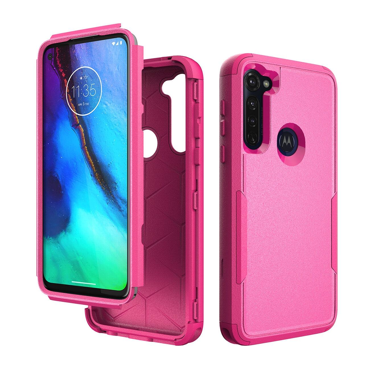Front. Reiko - 3In1 Hybrid Heavy Duty Defender Rugged Armor Military Grade Case Motorola G Stylus 2020 In Hot Pink - Hot Pink.