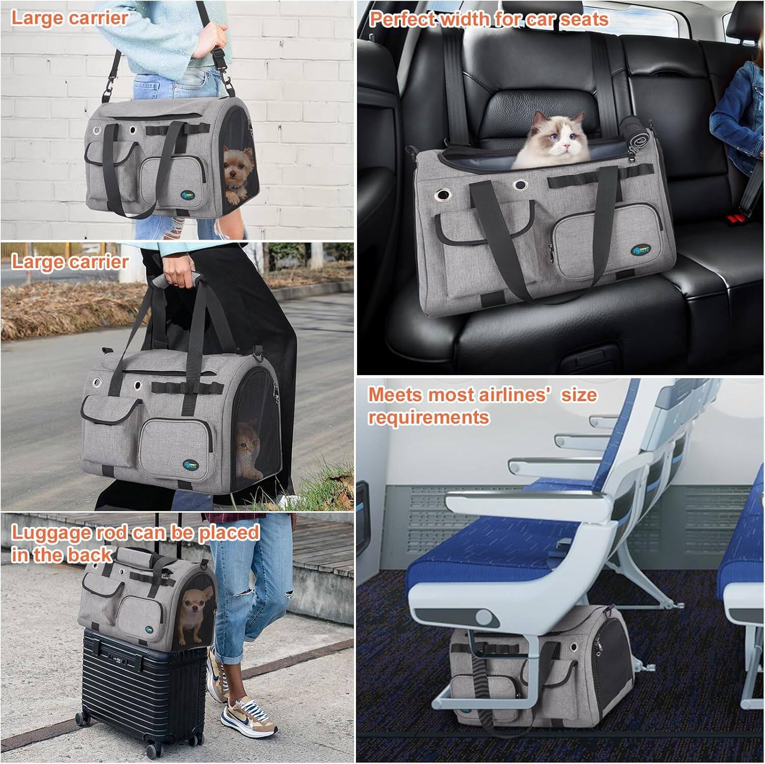 - Large carrier
- Perfect width for car seats
- Meets most airlines' size requirements
- Luggage rod can be placed in the back