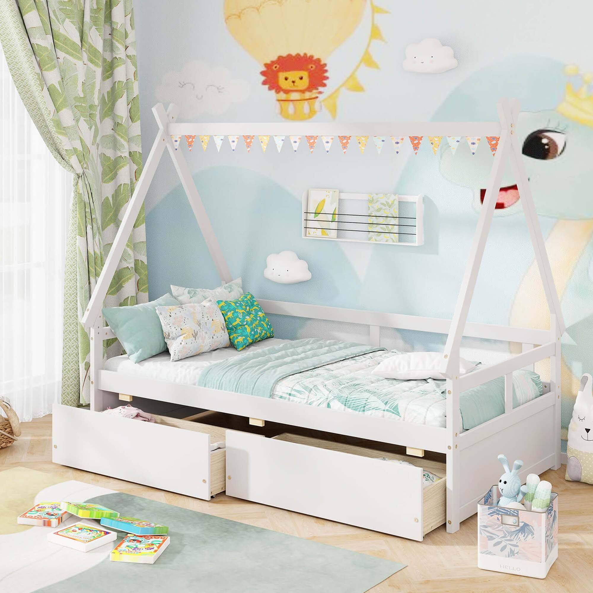 Alt View 1. Costway - Costway Twin Size House Bed with Roof Safety Guardrail 2 Storage Drawers Wood Slat Support - White.