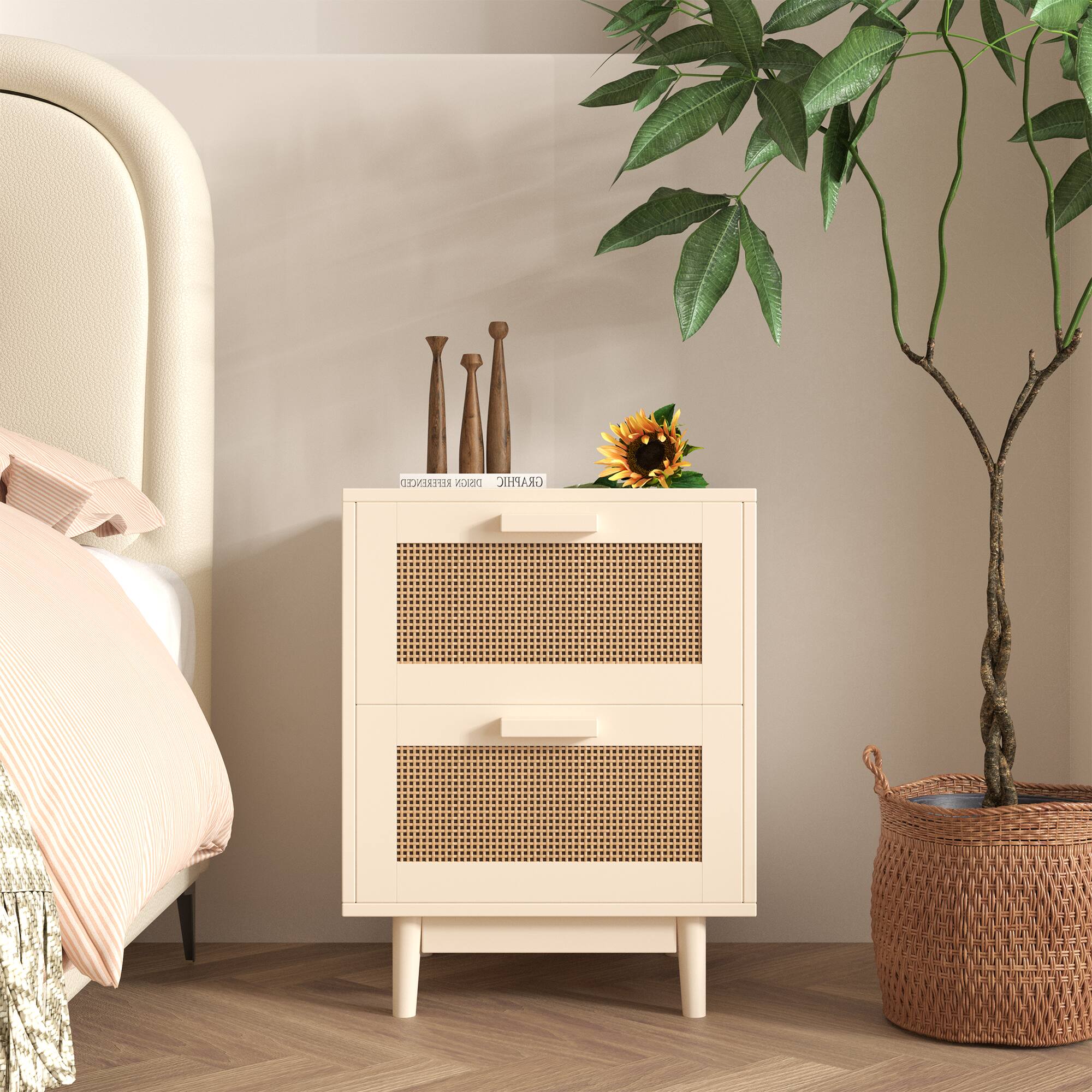 PAIHOME - Rattan Nightstand, Side Table with 2 Drawers, Bedside Table Wood Accent Table with Storage for Living Room, Bedroom - cream-coloured