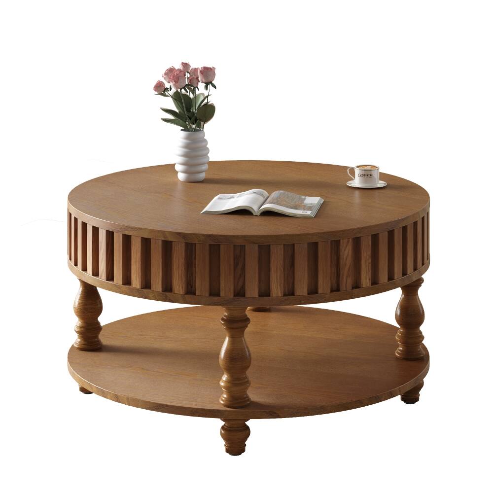Alt View 9. Loheer - Loheer Farmhouse Fluted Coffee Table, Round Coffee Table with Hidden Storage, Walnut Brown - Walnut Brown.