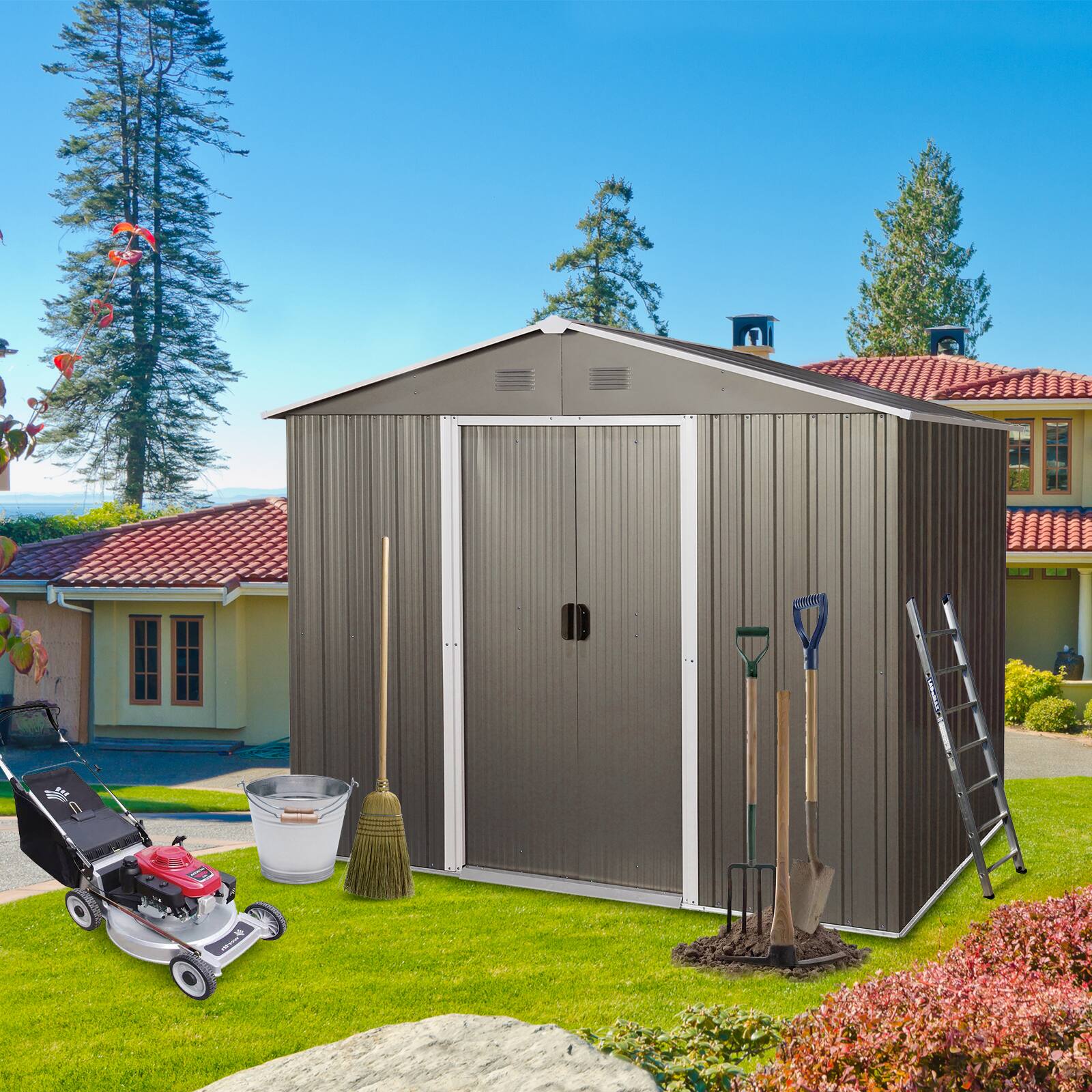 Left. Mondawe - 8ft x 6ft Outdoor Metal Storage Shed with Floor Base - Gray.