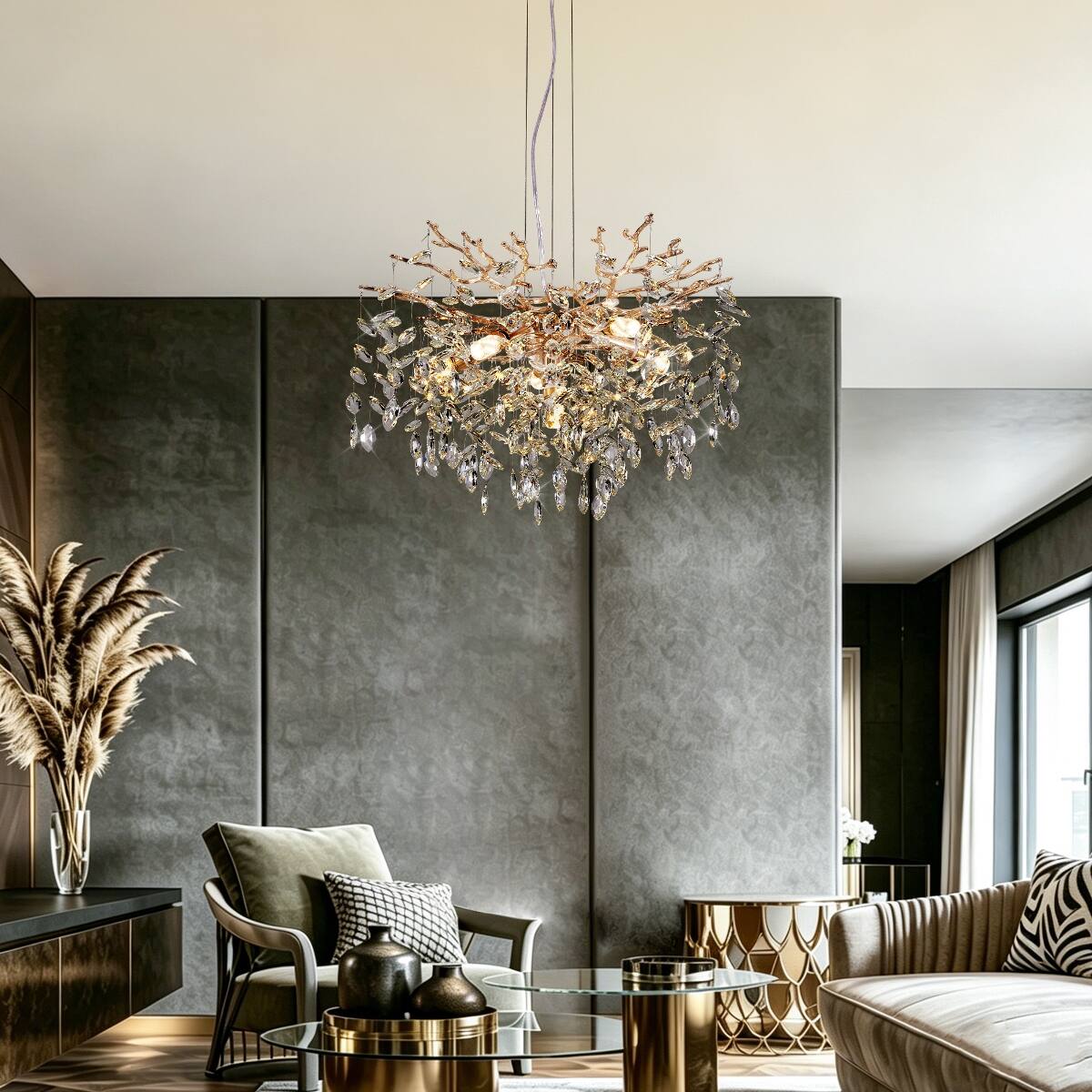 Alt View 2. Loheer - Loheer Modern Gold Tree Branch Crystal Chandelier, 23.6 Inch Six Light Pendant for Dining Room.