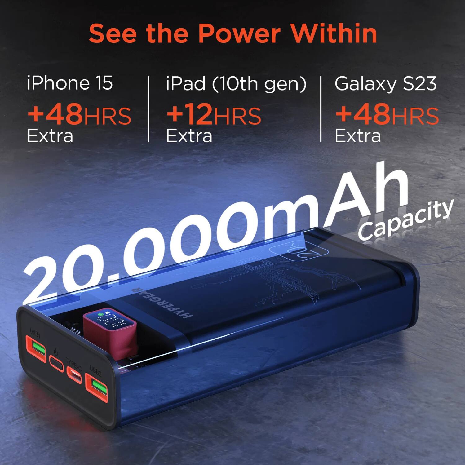 Left. Stock Preferred - ClearCharge XL 20000mAh Transparent Power Bank.