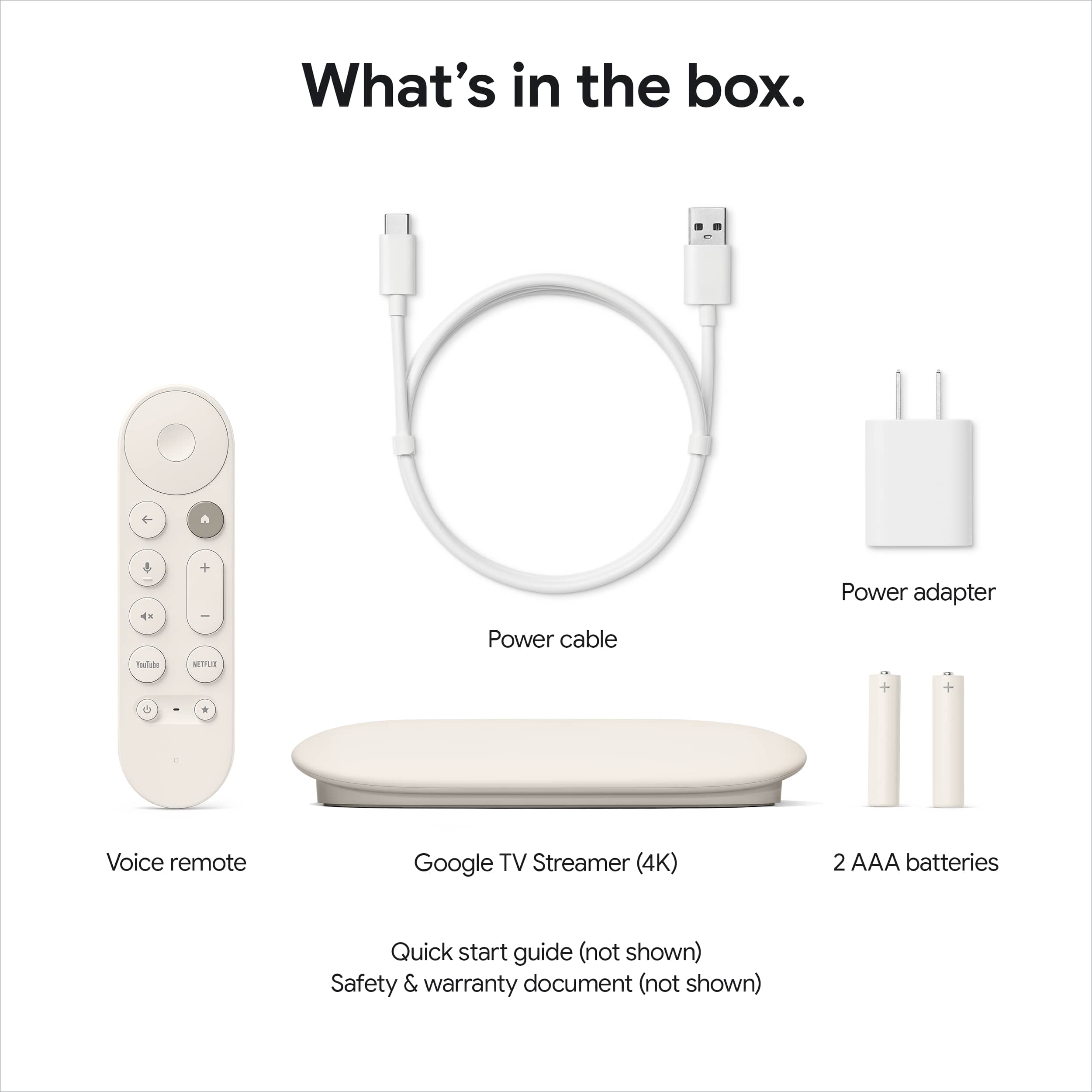 What's in the box:
1. Power cable
2. Power adapter
3. Voice remote
4. Google TV Streamer (4K)
5. 2 AAA batteries
6. Quick start guide (not shown)
7. Safety & warranty document (not shown)