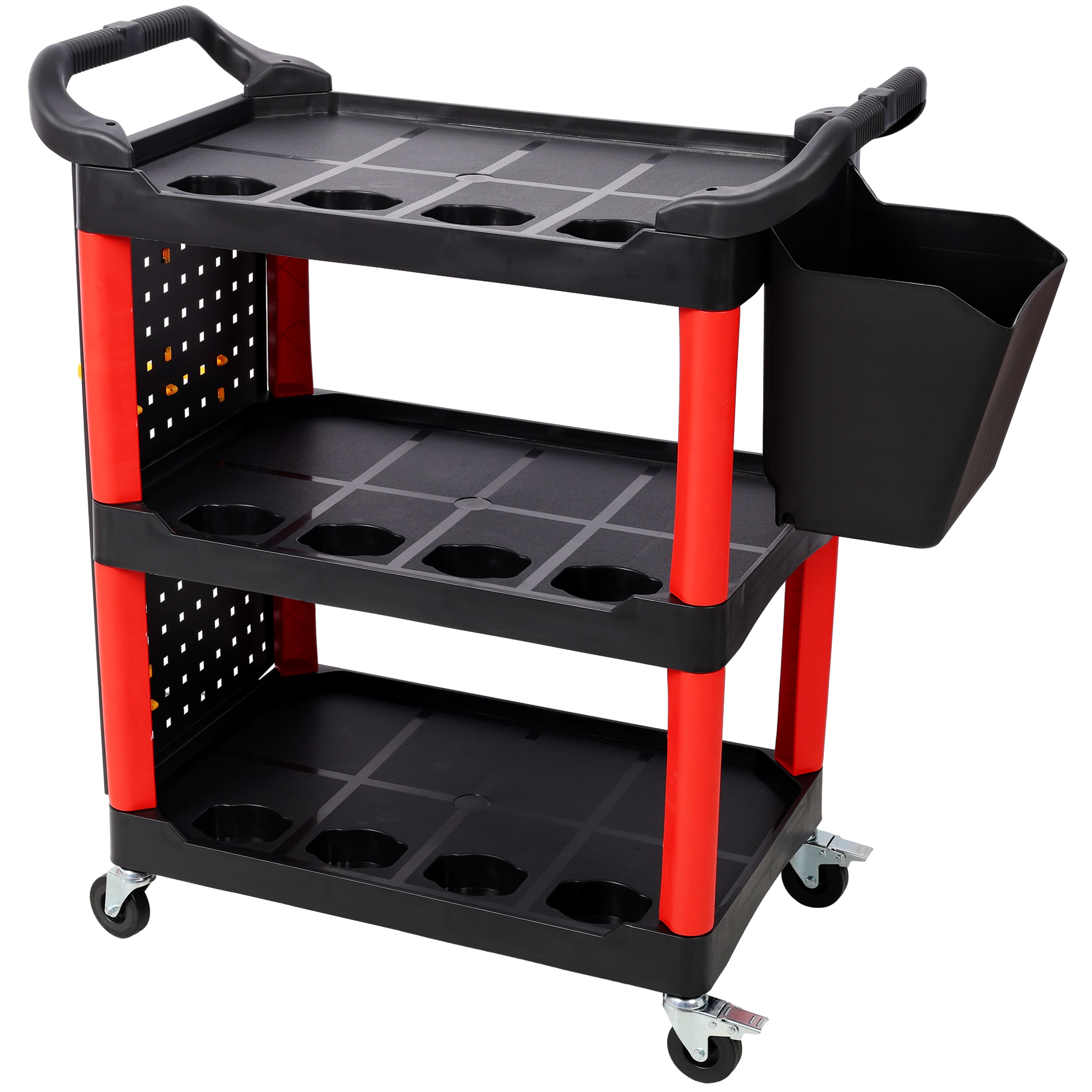 ELEMENT ACE - 3-Tier Rolling Auto Detailing Cart with Wheels, Bucket, Panel & Hooks - Garage, Workshop, Repair Shop Tool Storage - Black+Red