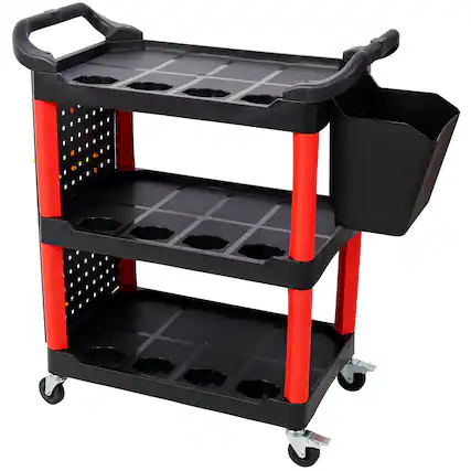 Front. ELEMENT ACE - 3-Tier Rolling Auto Detailing Cart with Wheels, Bucket, Panel & Hooks - Garage, Workshop, Repair Shop Tool Storage - Black+Red.