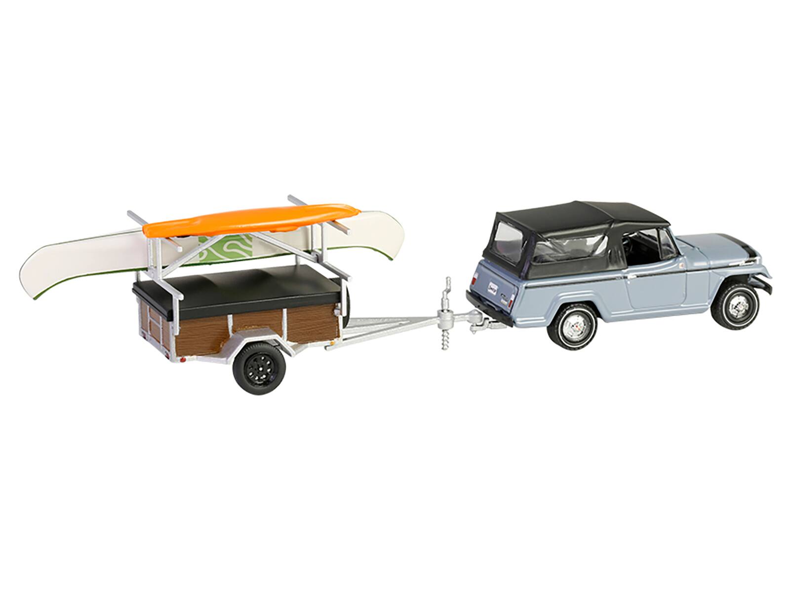 Alt View 1. Greenlight - 1968 Jeep Jeepster Commando SC-1 Gray w/Black and Top with Trailer, Canoe Rack, and Kayak 1/64 Model Cars by Greenlight.