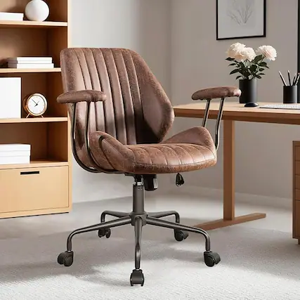 Front. Ovios - Ergonomic Mid Back Office Chair, 264lbs Capacity, Suede Fabric & Smooth Rolling Wheels for Workspace - Dark Brown.
