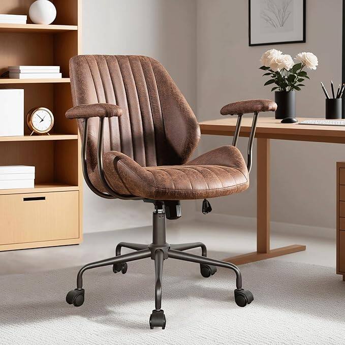 Ovios - Ergonomic Mid Back Office Chair, 264lbs Capacity, Suede Fabric & Smooth Rolling Wheels for Workspace - Dark Brown