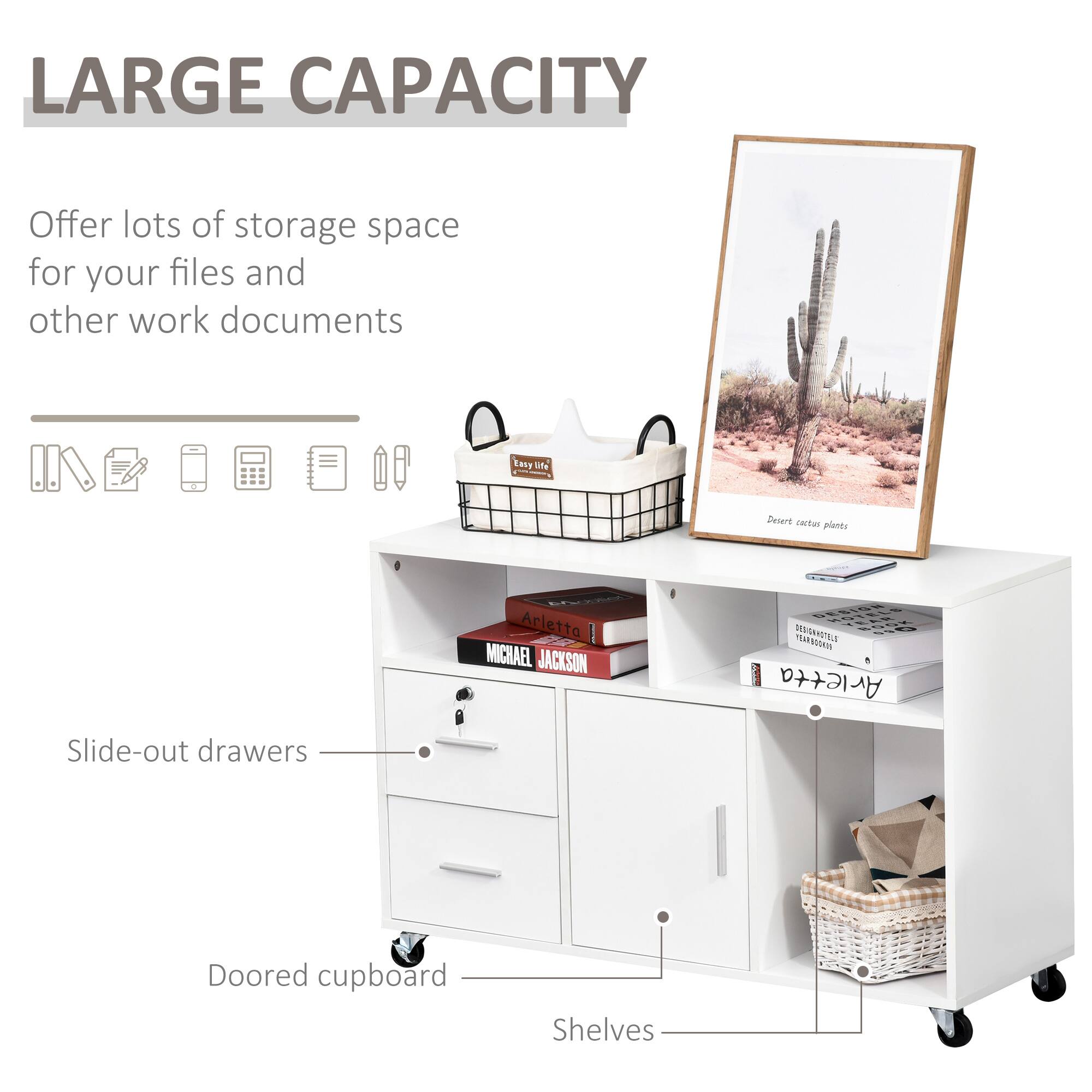 LARGE CAPACITY

Offer lots of storage space for your files and other work documents

Slide-out drawers
Doored cupboard
Shelves
