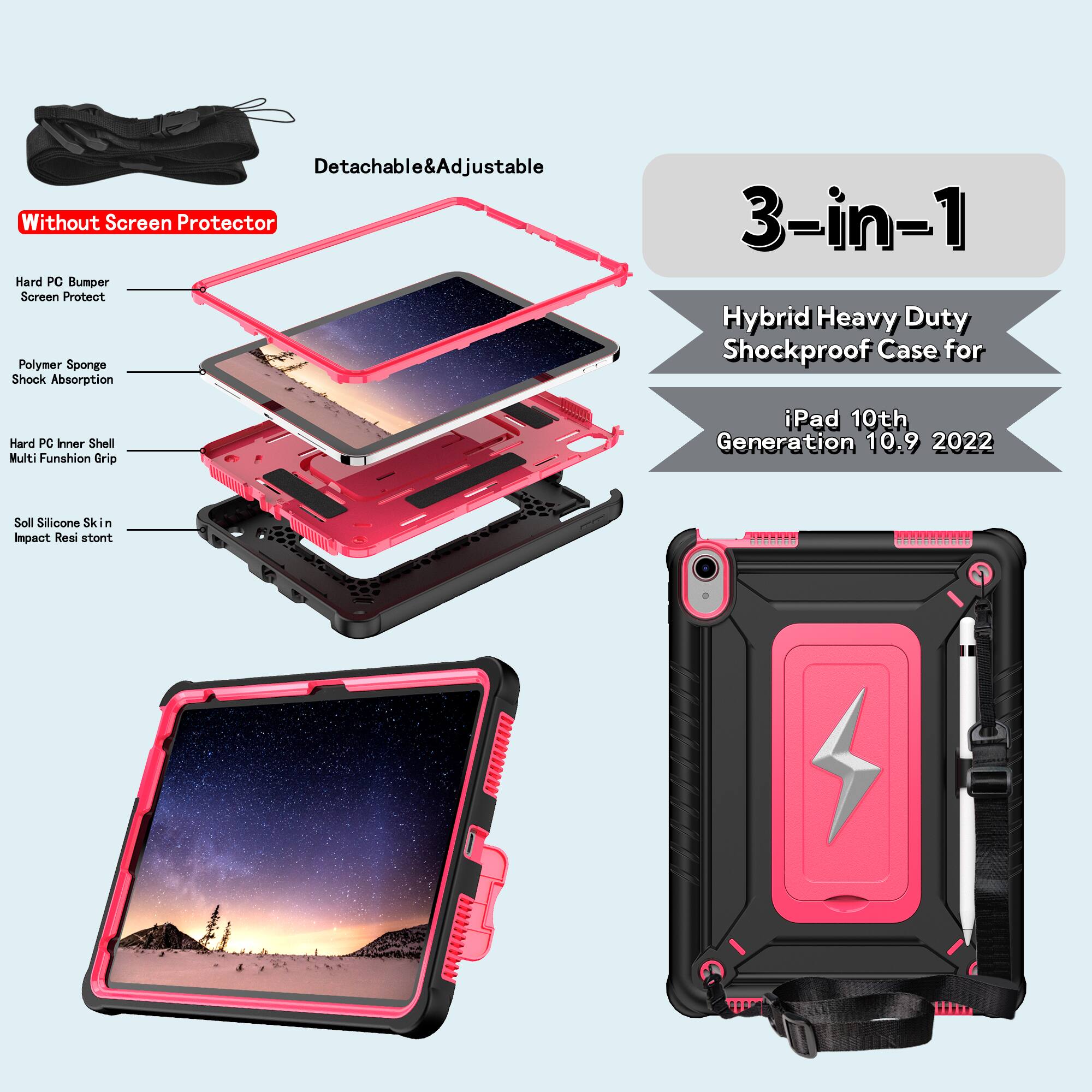 Detachable & Adjustable Without Screen Protector Hard PC Bumper Screen Protect Polymer Sponge Shock Absorption 3-in-1 Hybrid Heavy Duty Shockproof Case for Hard PC Inner Shell Multi Function Grip iPad 10th Generation 10.9 2022 Soll Silicone Skin Impact Resistant