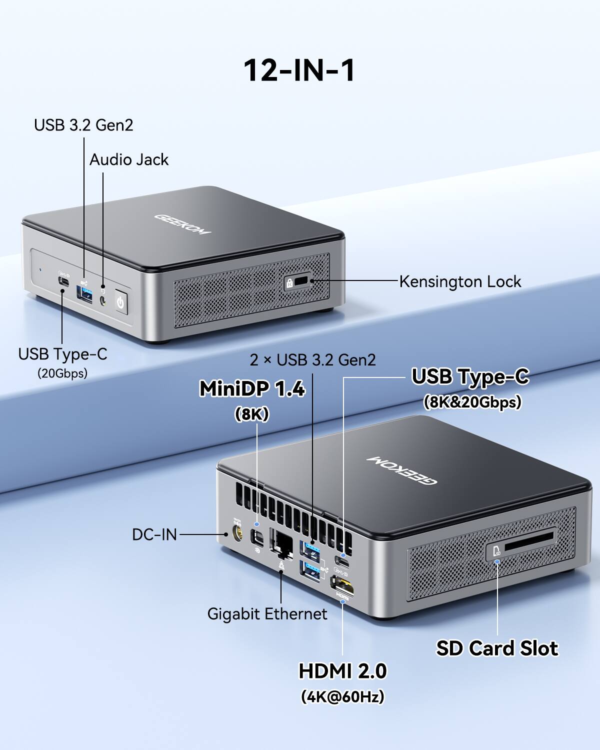 12-IN-1 USB 3.2 Gen2 Audio Jack GEEXOM - D4 Kensington Lock USB Type-C (20Gbps)  
2 x USB 3.2 Gen2  
MiniDP 1.4 (8K & 20Gbps)  
DC-IN  
Gigabit Ethernet  
HDMI 2.0 (4K@60Hz)  
SD Card Slot