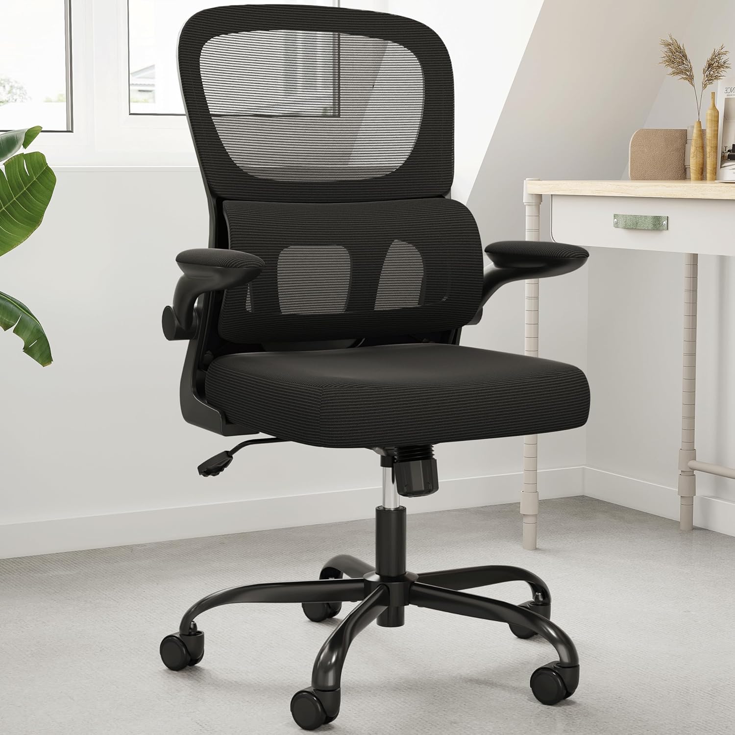 Front. PexFix - Ergonomic Office Chair with Flip-Up Arms, Tailored Lumbar Support & 120° Rocking, 350 lb Capacity - Black.