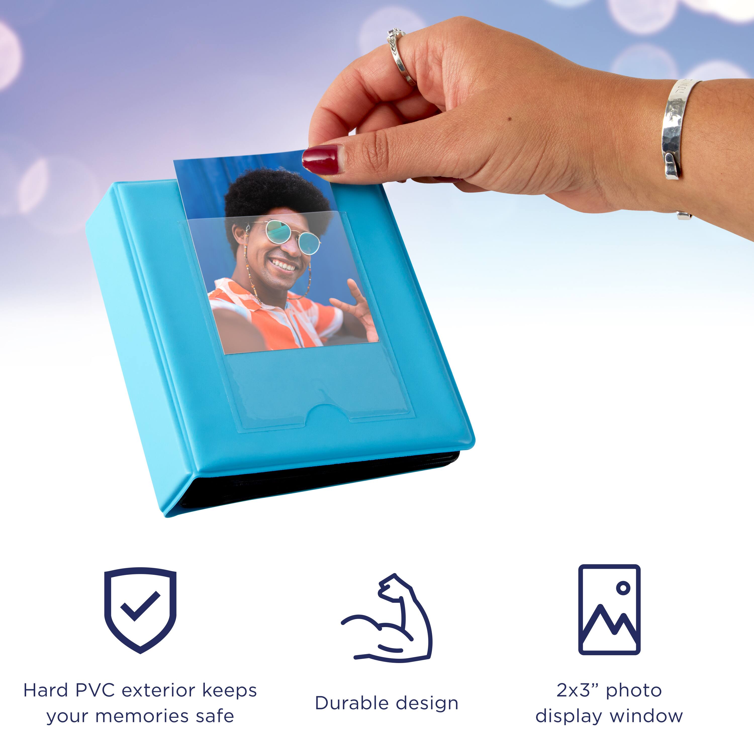 - Hard PVC exterior keeps your memories safe
- Durable design
- 2x3" photo display window