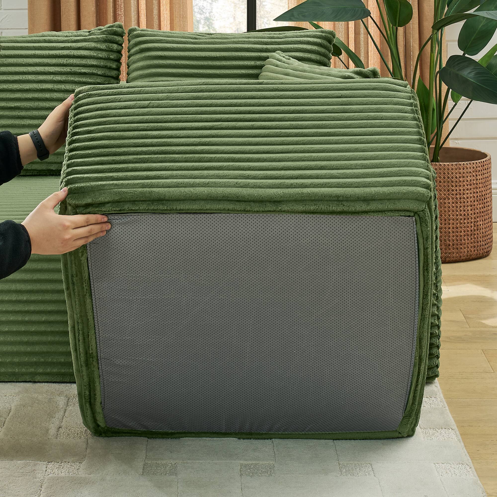 Back. Anysun - 115" U-Shape Boneless Corduroy Sectional with Chaise & Ottoman-No Assembly, Deep-Seat Modular Cloud Sofa for Living Room - Green.