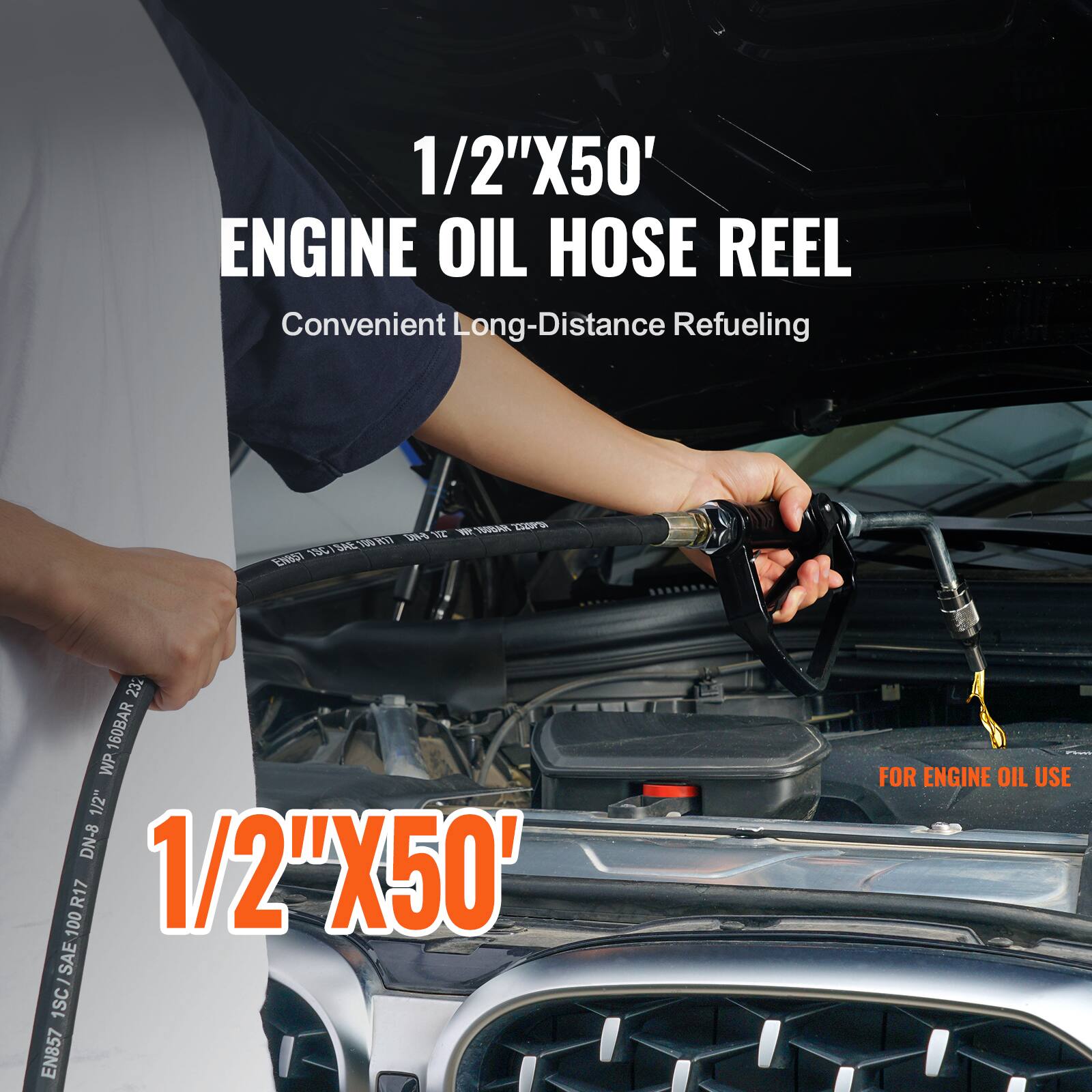 1/2" X 50' ENGINE OIL HOSE REEL  
Convenient Long-Distance Refueling  

SE95 BAE 109 PA ENS D LOR 23 160BAR WP 1/2" DN-8 100 R17 1/2" X 50' SAE 1SC/SAE 1SC - EN857 FOR ENGINE OIL USE