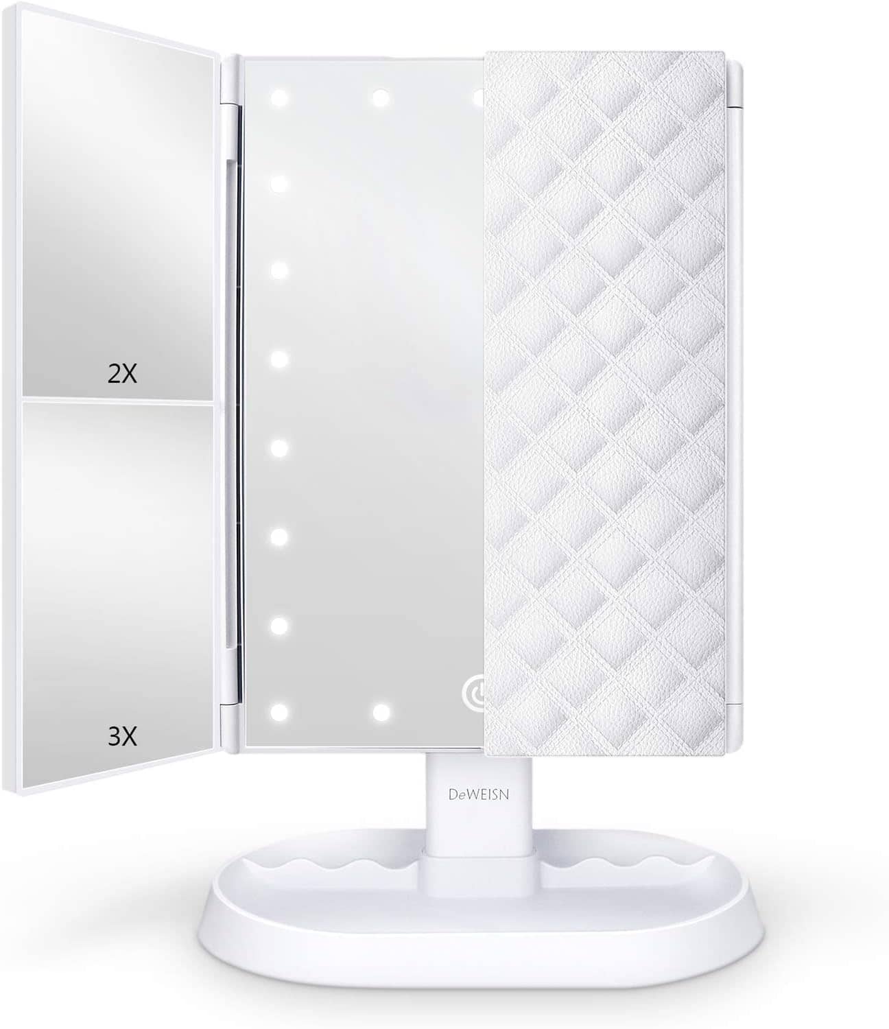 Stamp n Camp - Trifold Lighted Vanity Makeup Mirror with 21 LED Lights,1x/2x/3x Magnification and Touch Screen Dimming - White