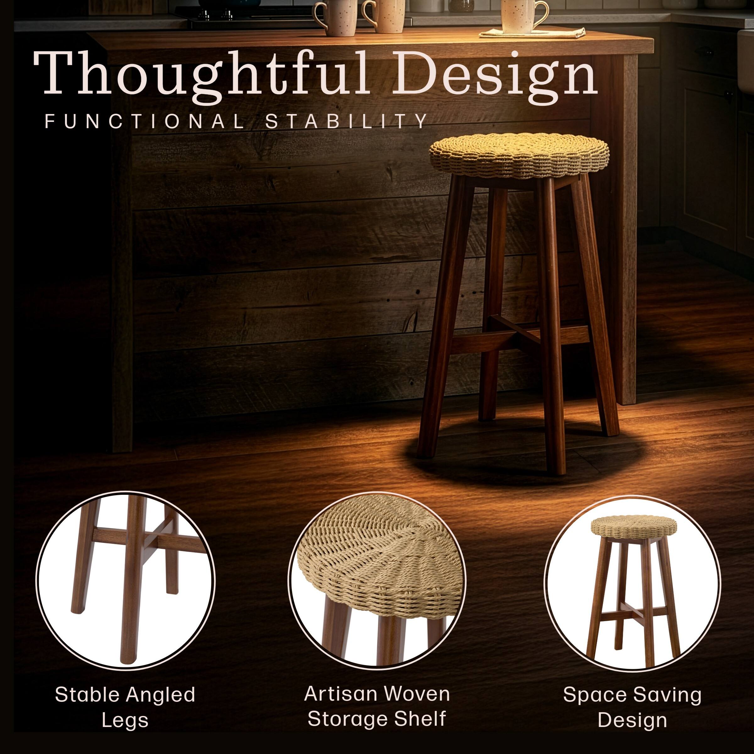 Thoughtful Design  
FUNCTIONAL STABILITY  

- Stable Angled Legs  
- Artisan Woven Storage Shelf  
- Space Saving Design