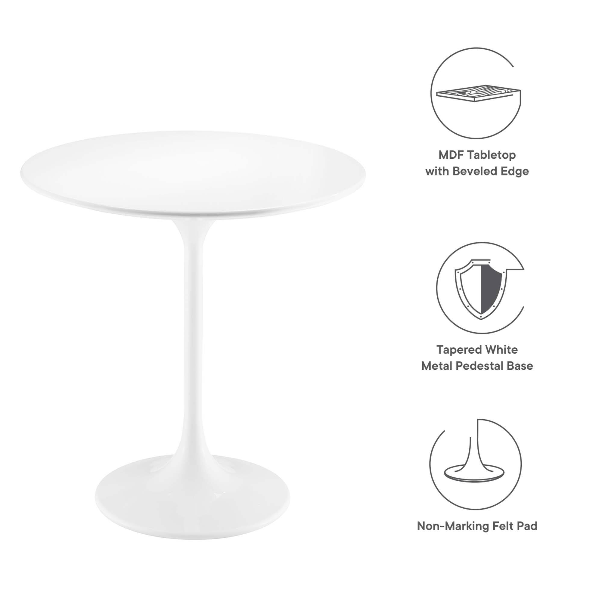 MDF Tabletop with Beveled Edge  
Tapered White Metal Pedestal Base  
Non-Marking Felt Pad