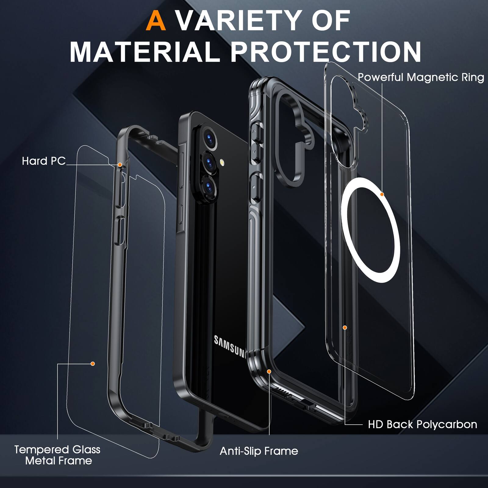 A VARIETY OF MATERIAL PROTECTION

- Powerful Magnetic Ring
- Hard PC
- SAMSUNG HD Back Polycarbon
- Tempered Glass Metal Frame
- Anti-Slip Frame