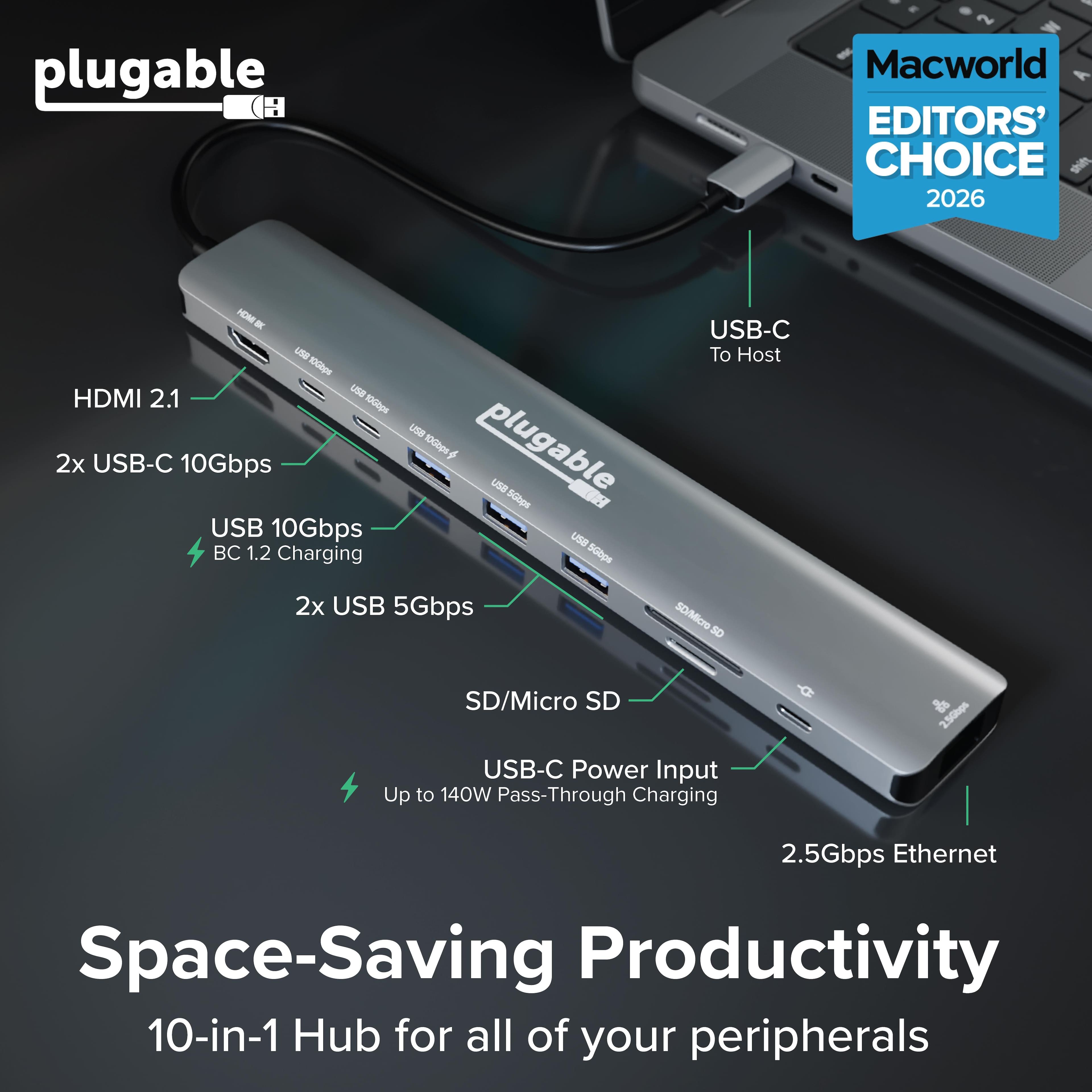 Plugable USB C Hub Docking Station, 10 in 1 with 4K 144Hz HDMI