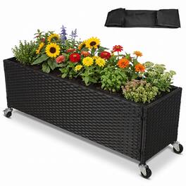 Costway - Raised Garden Bed with Lockable Wheels, PE Rattan, Liner Fabric for Flower - Black